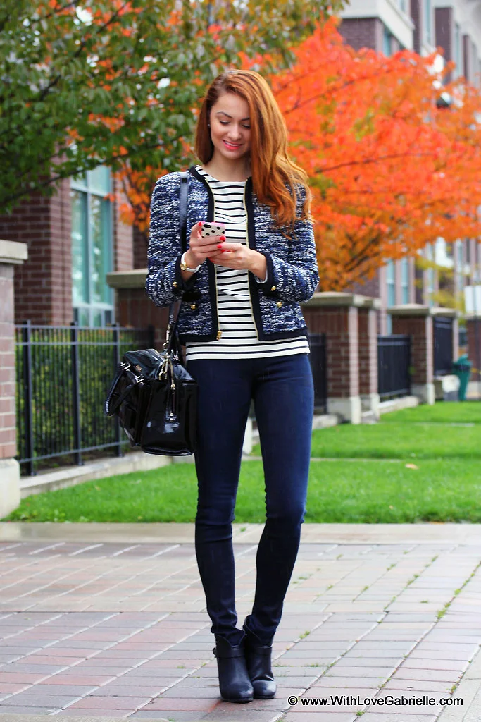 I AM WEARING:    Juicy Couture Striped Top // Juicy Couture Tweed Clara Jacket // Rag &amp; Bone Legging Jeans // Rag &amp; Bone Harrow Booties // Marc by Marc Jacobs Watch // Kate Spade Bow Bridge Little Kennedy Purse