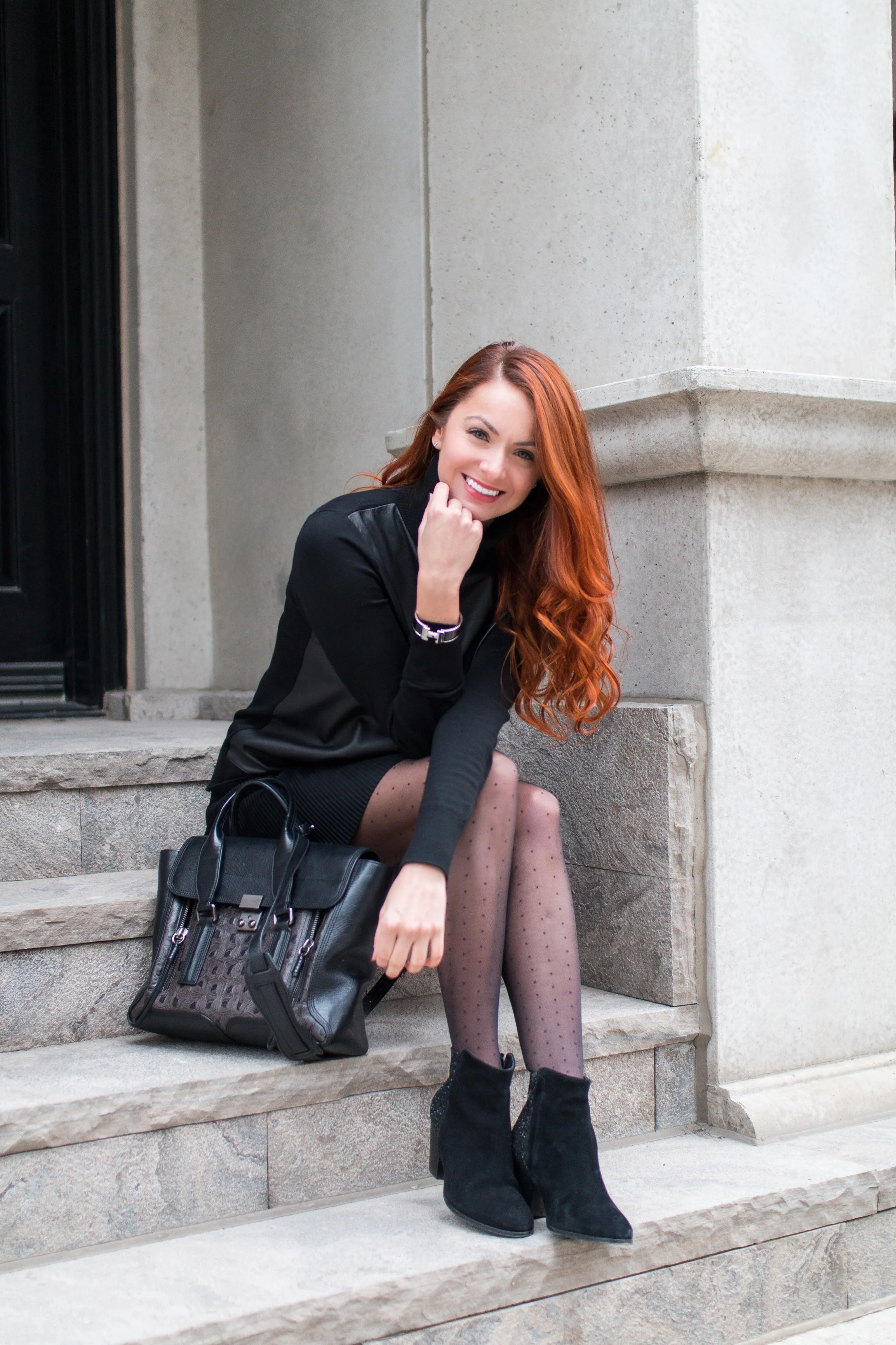 I AM WEARING: Equipment Spencer Leather and Wool Turtleneck // BCBG Max Azria Valeria Ruffle Skirt// Wilfred Blazer // Bobbies Sequin Booties // Hermes clic clac cuff // 3.1 Phillip Lim Pashli Satchel