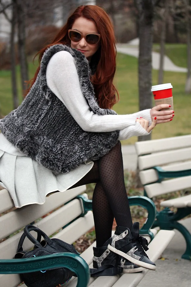 I AM WEARING: Black by Saks Fifth Avenue Vest / Vince Sweater / Sunday Best Skirt / Lanvin Sneakers / Alexander Wang Purse / Club Monaco Tights / Dolce & Gabbana Sunglasses