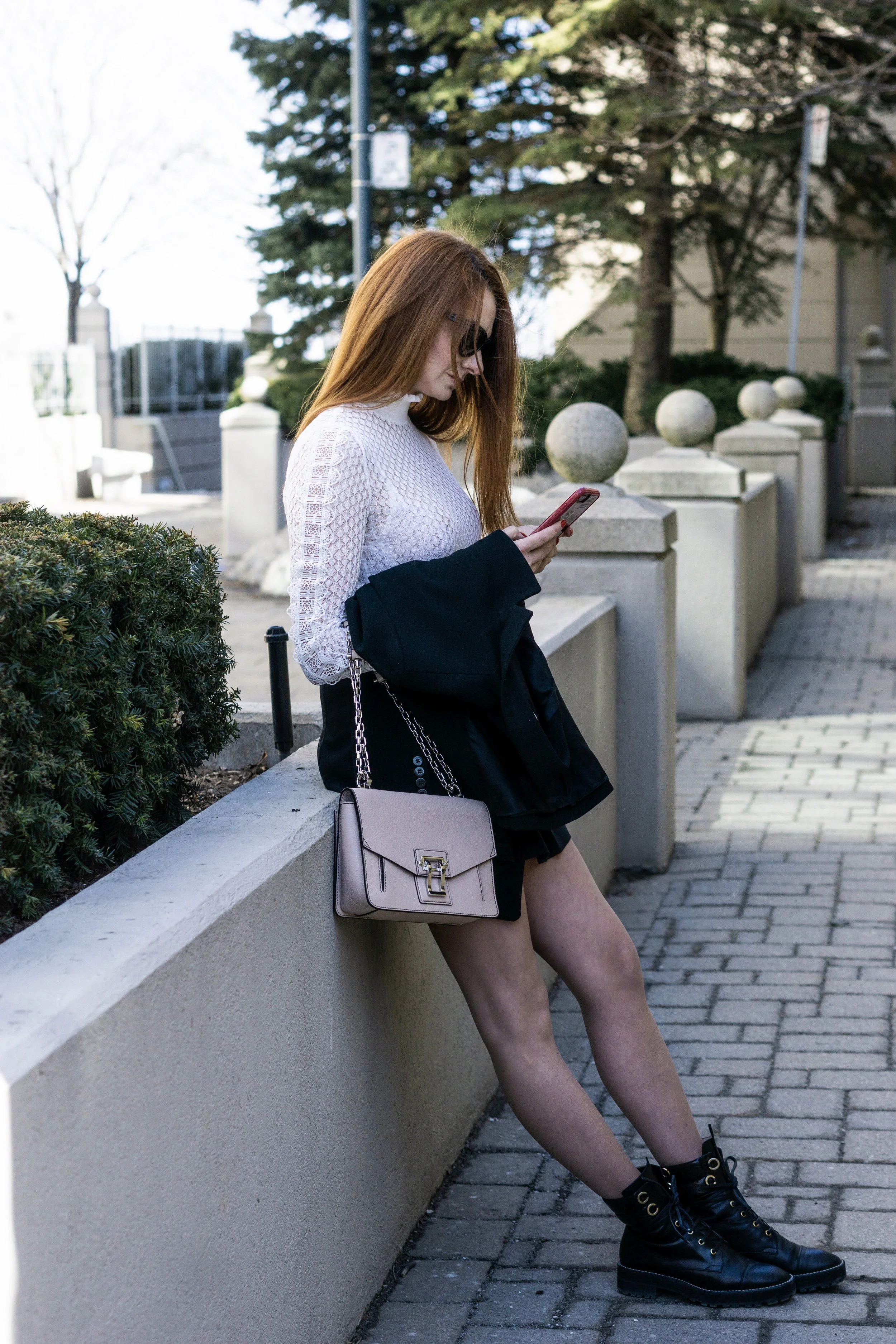 Zara knit with ruffles top  //  Sunday Best Olive Skirt  //  Stuart Weitzman Lexi Boots  // Proenza Schouler Have Purse  //  Christian Dior Cat Eye Sunglasses