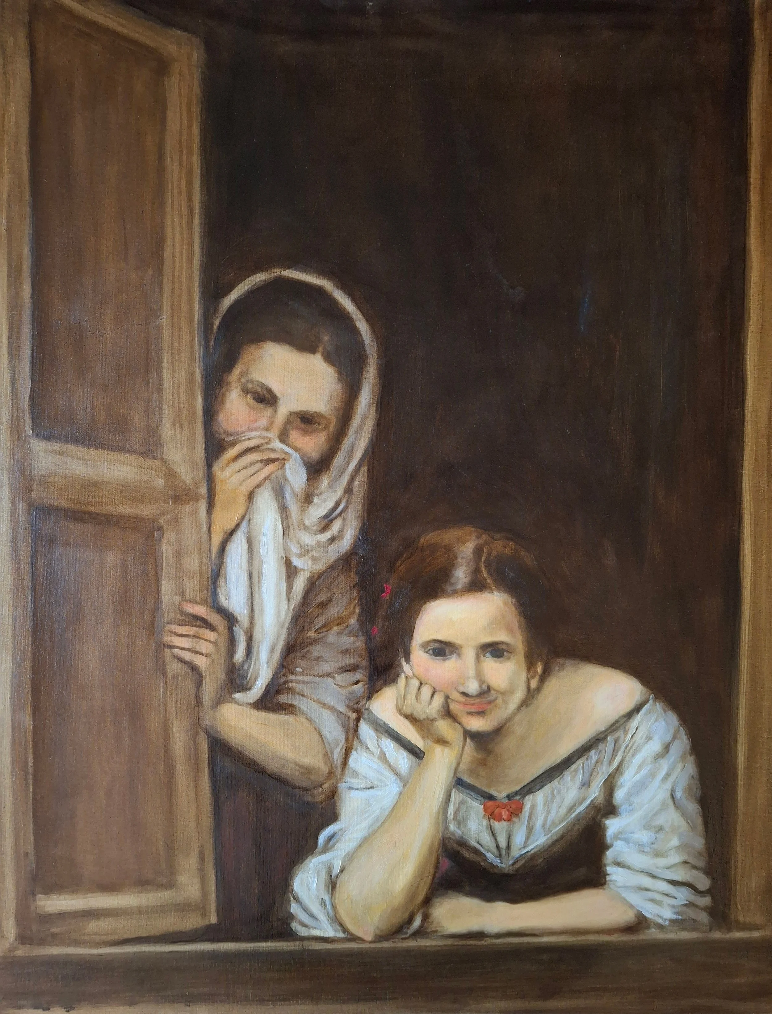 "Two Women at a Window,"  Bartolome Esteban Murillo, 1655/1660,  Original,  72 x 63 in    Lana Portolano, copyist, 30 x 24 in