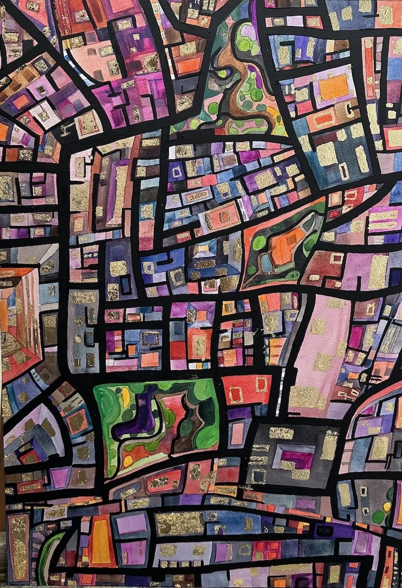 Golden Hour (18" x 24", watercolor, gouache, and gold leaf on paper)