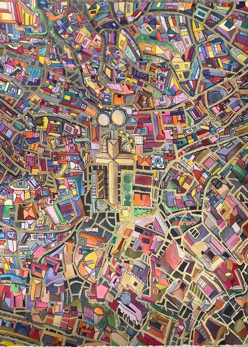 Golden Day in Toledo (22"x30" watercolor, gold leaf, and ink on board)