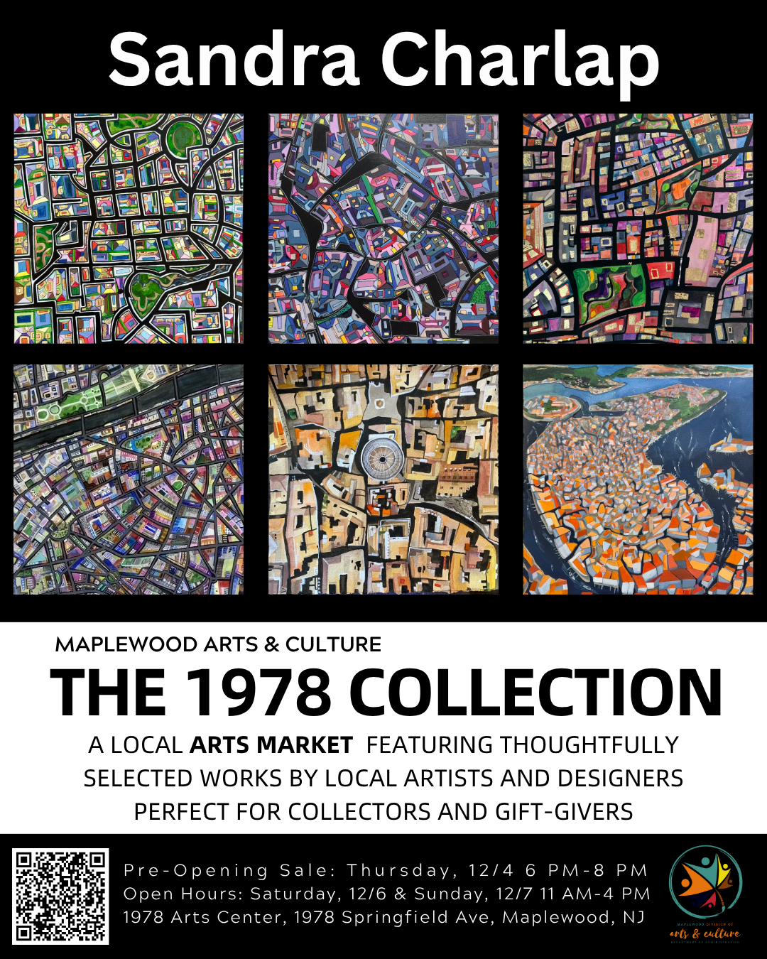Flyer for Sandra Charlap's artwork at The 1978 Collection Holiday Sale