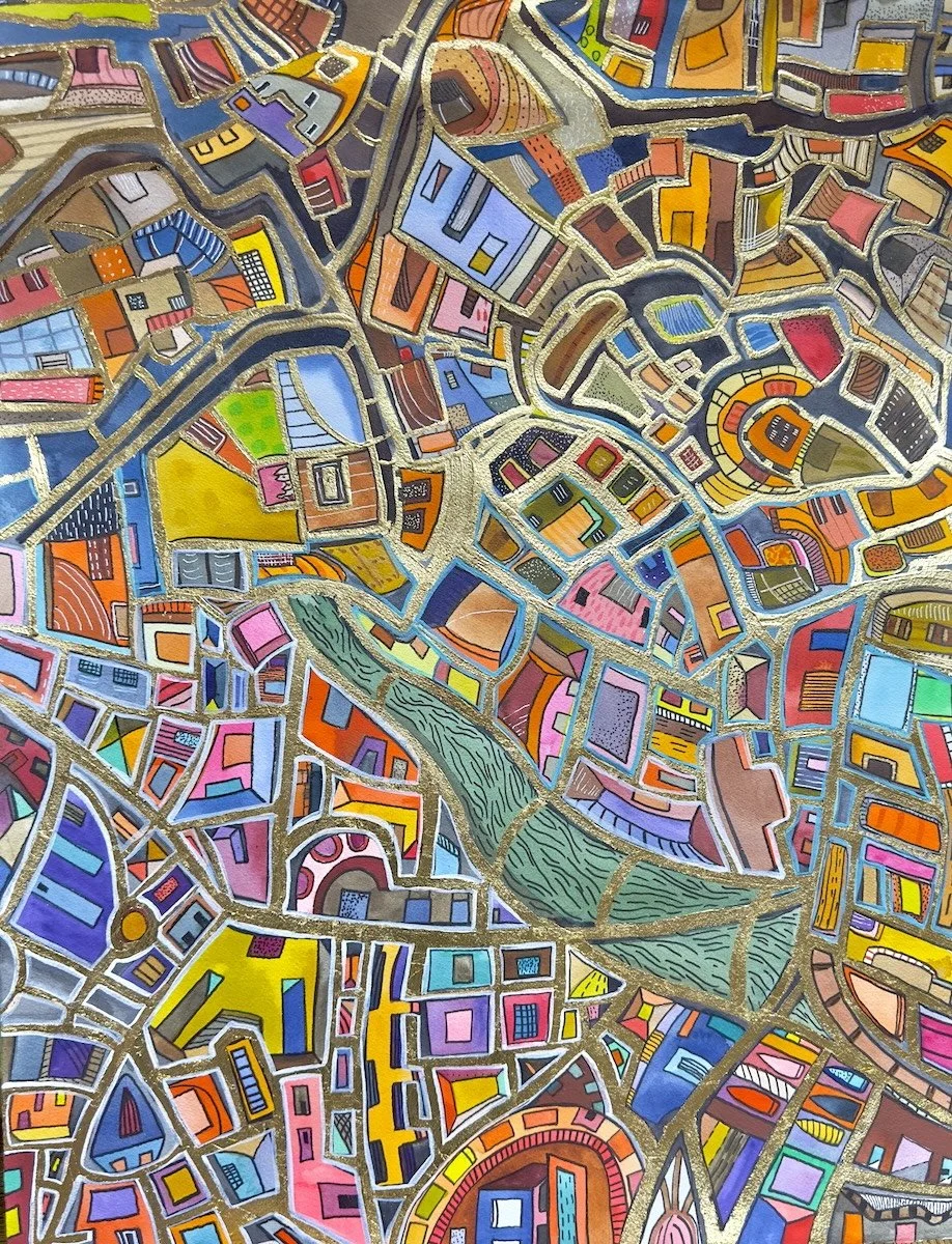 River's End (22" x 30" watercolor, gouache, gold leaf, and ink on board)