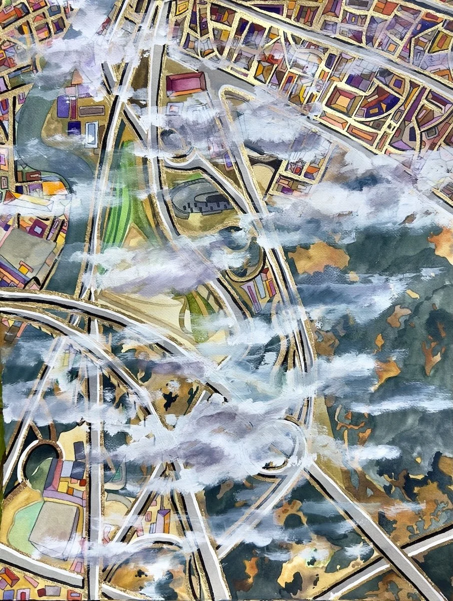 Trevi, Italy (18" x 28" watercolor, ink, gouache, and gold leaf  on paper)