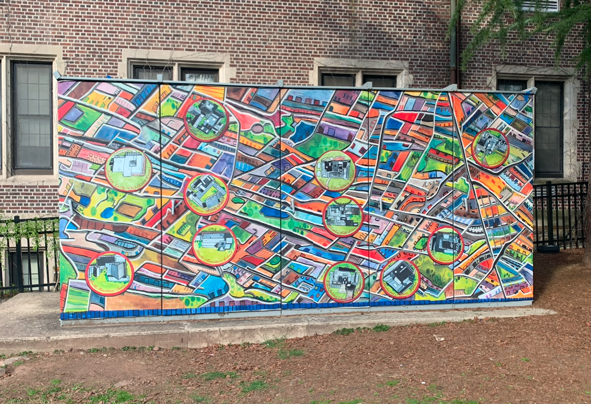 Commissioned map of all the schools in the Maplewood / South Orange school district. Vinyl wrap. Located at Columbia High School.