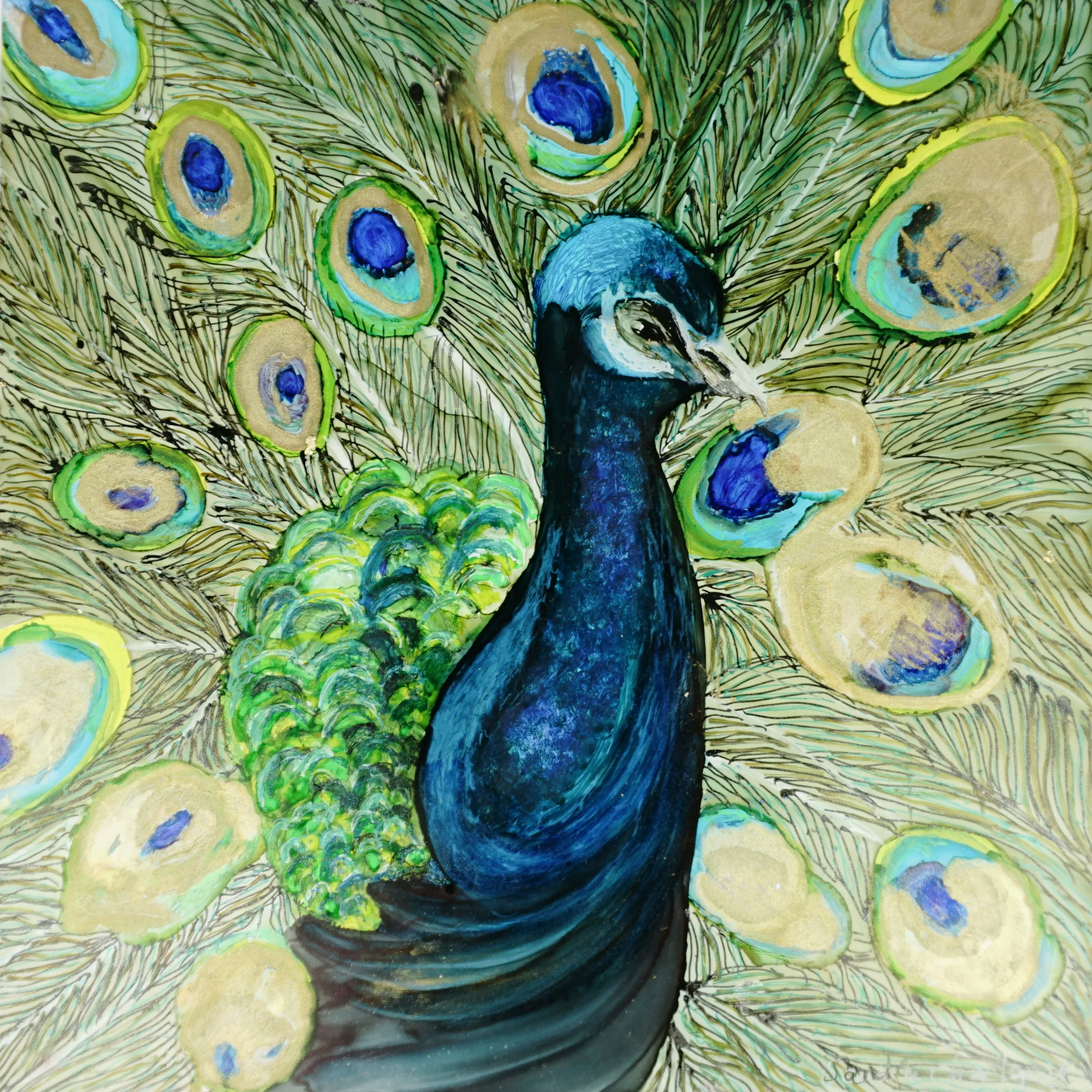 A peacock, feathers displayed, created by Sandra Charlap with alcohol ink.