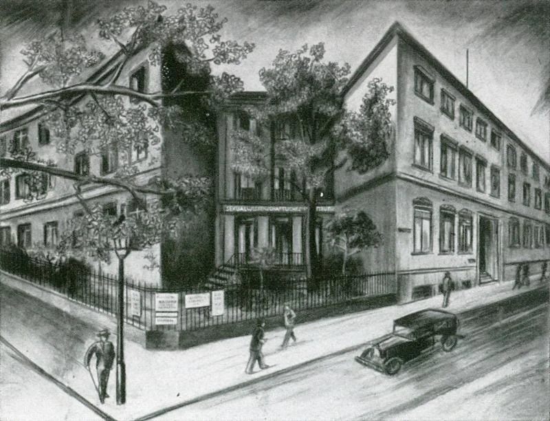 Expressionist illustration of the Institute for Sexual Science in Berlin (circa 1930); artist unknown. Reproduced from Perles-Titus (Berlin-Pankow: Titus), a booklet promoting a patent medicine for sexual rejuvenation developed by Dr. Magnus Hirschfeld. Collection of Gerard Koskovich.