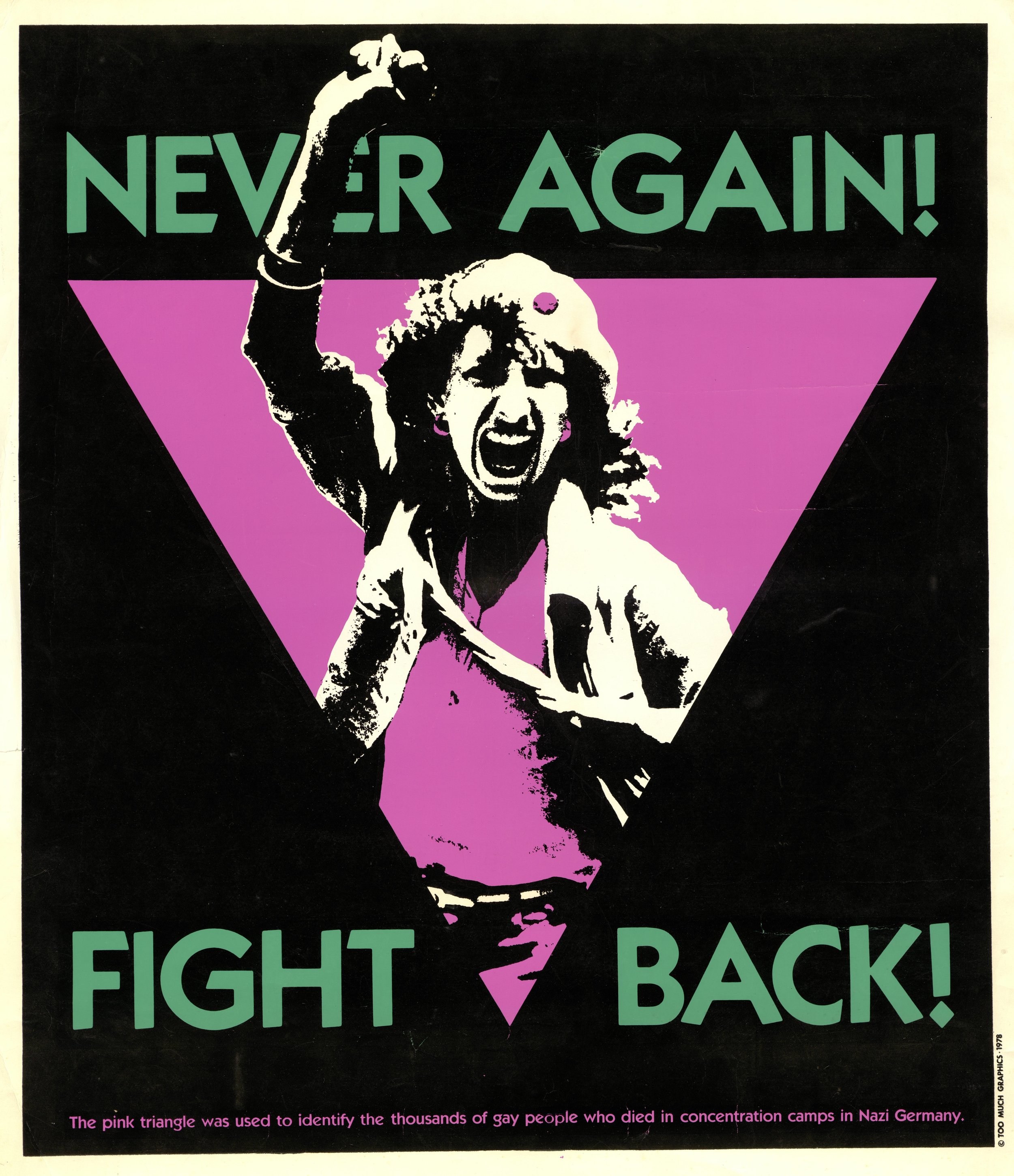 “Never Again! Fight Back!” (San Francisco: Too Much Graphics, 1978); silk-screened poster sold as a fundraiser for the No on Six campaign, GLBT Historical Society.