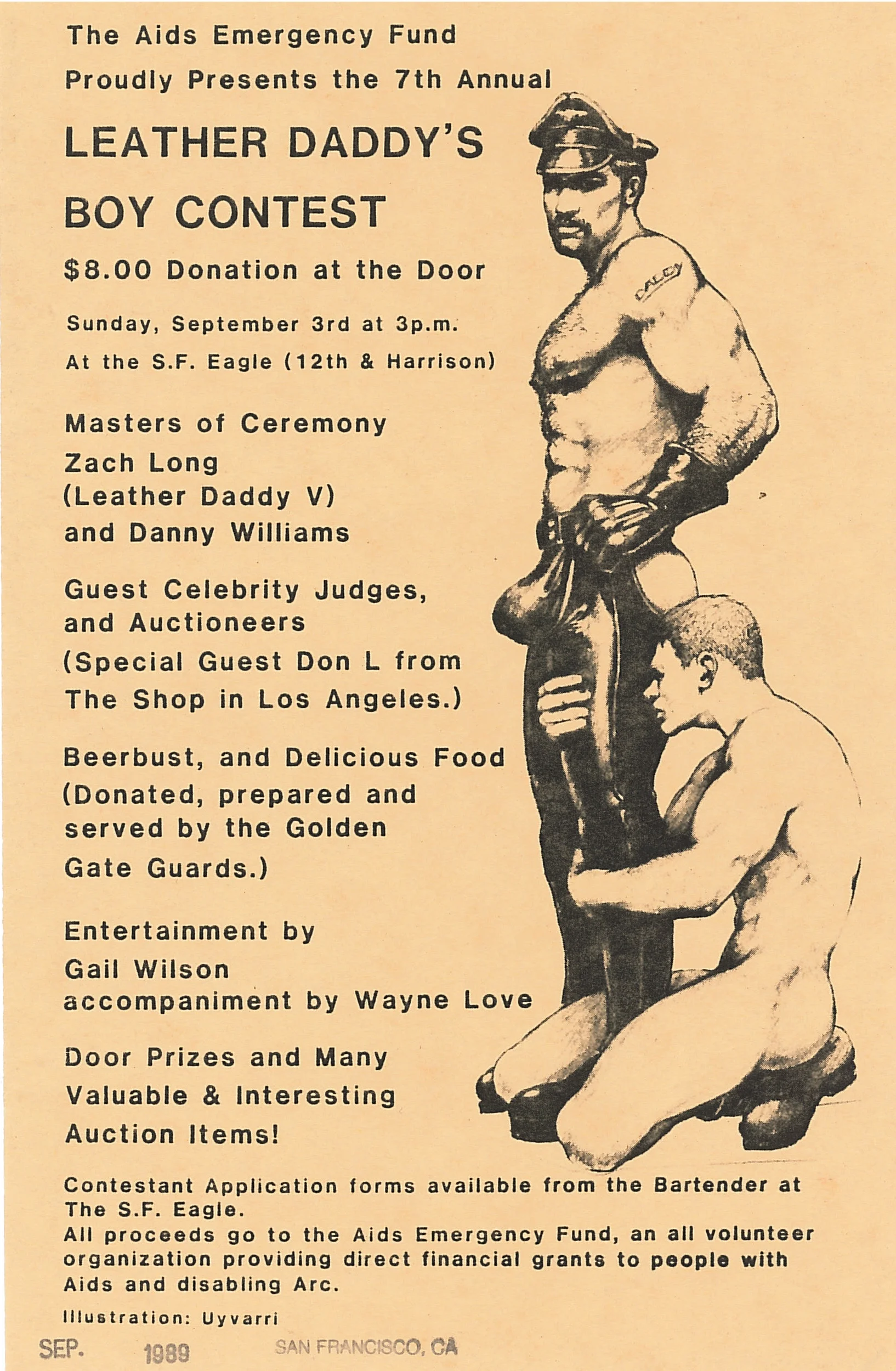 Poster for the Seventh Annual Leather Daddy’s Boy Contest, presented by the AIDS Emergency Fund (1989); graphic by Robert Uyvari; collection of the GLBT Historical Society.