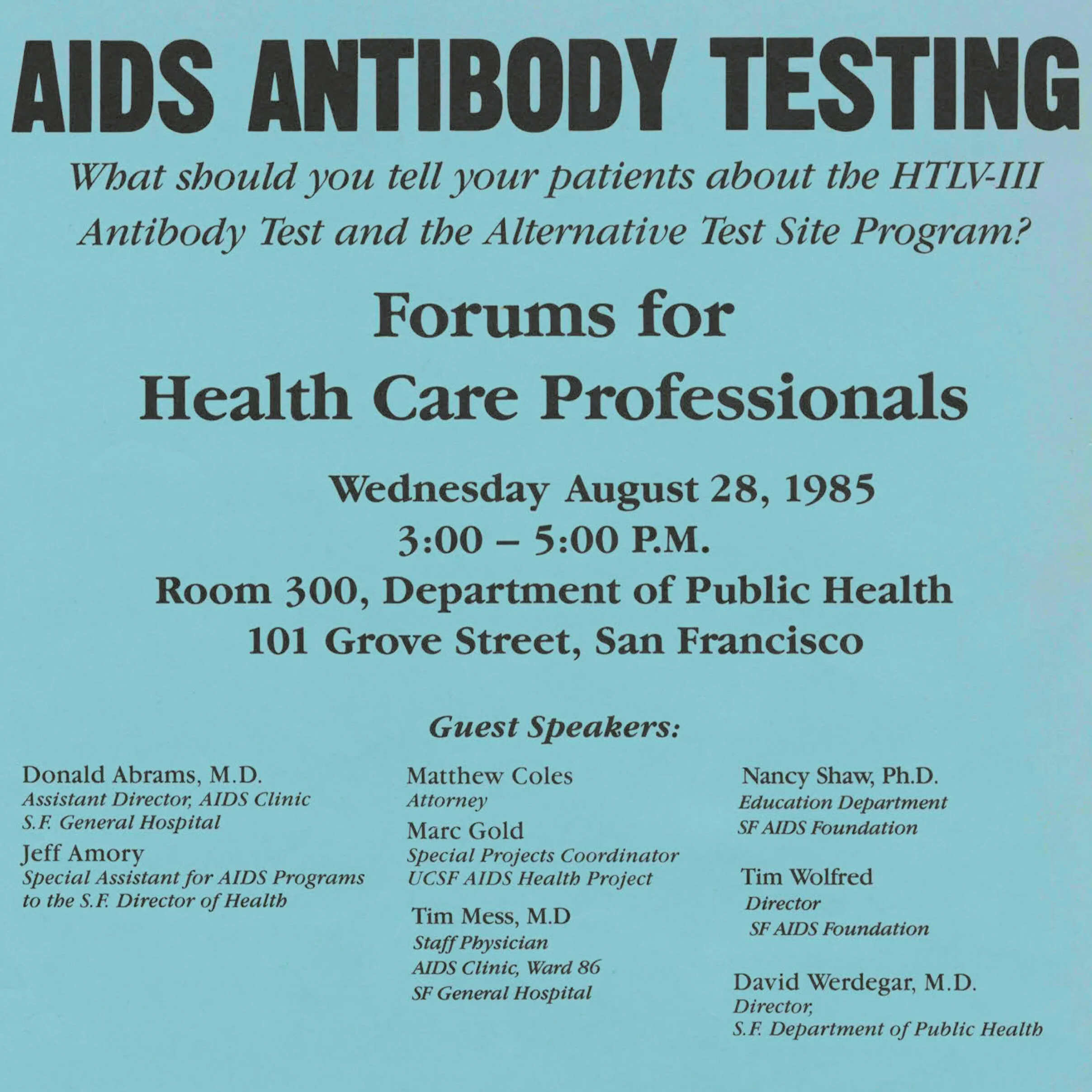 Promotional flyer, 1985; Ephemera Collection, GLBT Historical Society.