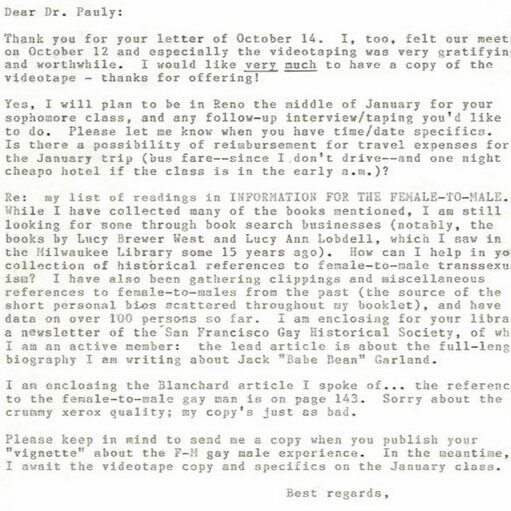 Lou Sullivan letter to Ira Pauly
