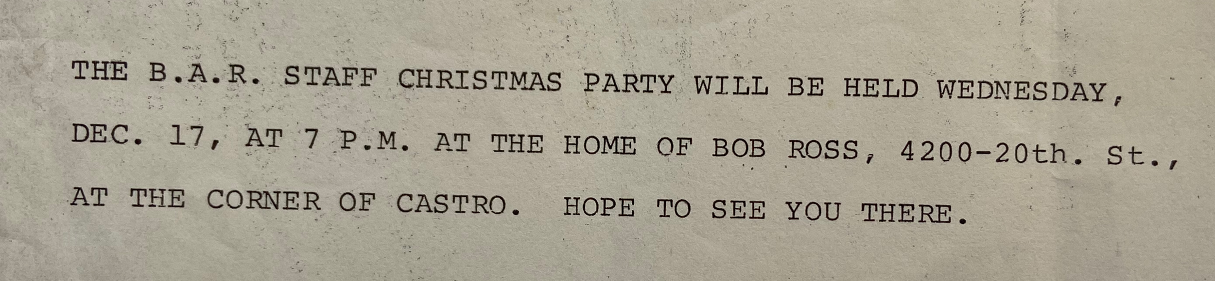 B.A.R. Staff Christmas Party invitation, December 17, circa 1970-1980; Ephemera Collection (Business-Bay Area Reporter), GLBT Historical Society. 