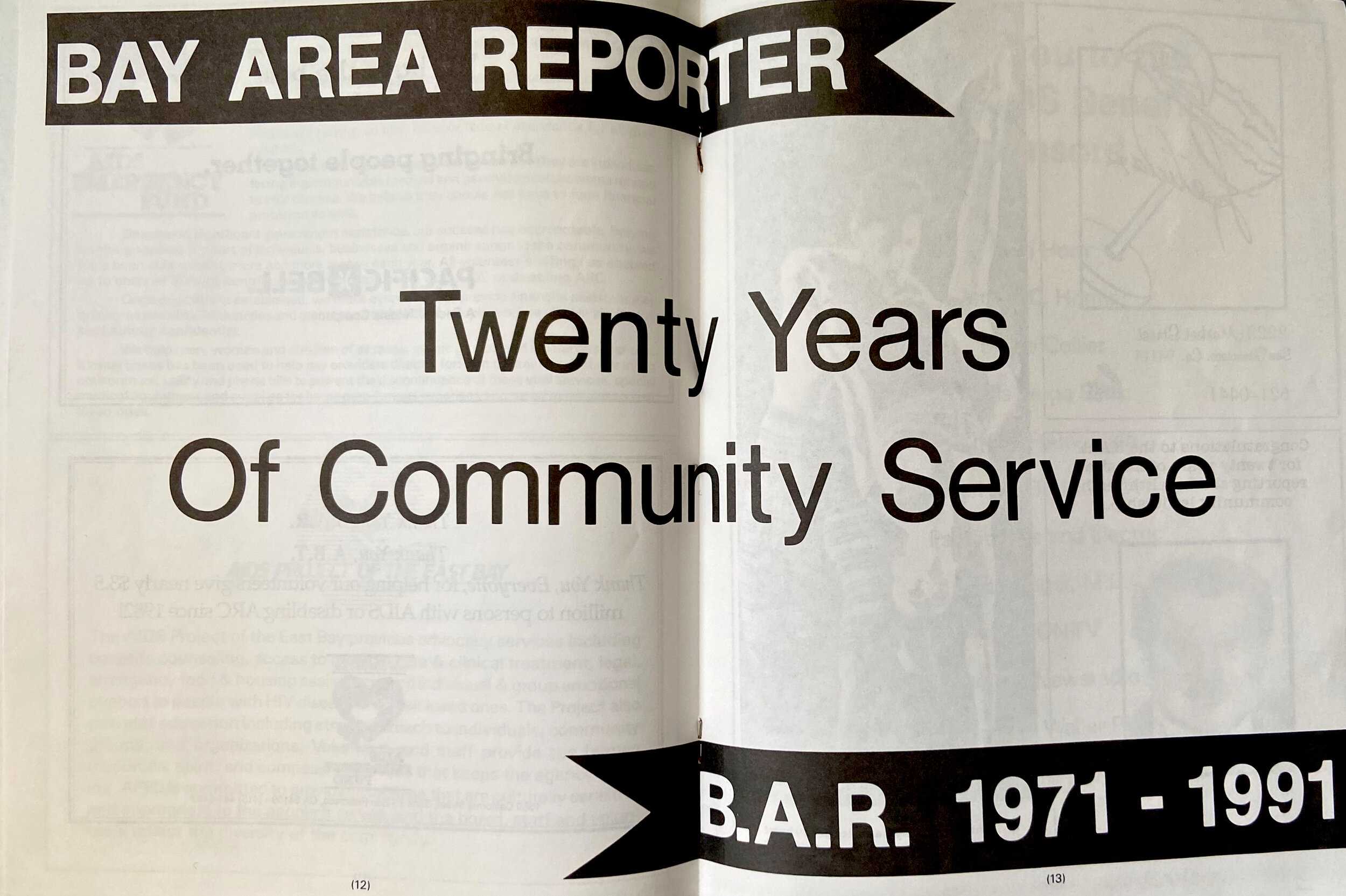 Center-spread celebrating the B.A.R.’s 20th Anniversary, 1991; Ephemera Collection (Business-Bay Area Reporter), GLBT Historical Society. 