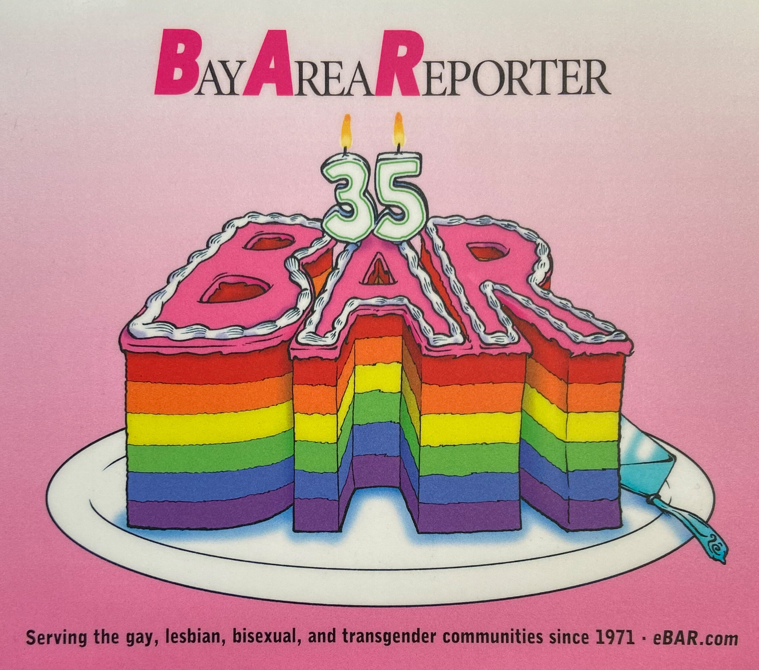  Flyer celebrating the B.A.R.’s 35th Anniversary, 2016; Ephemera Collection (Business- Bay Area Reporter), GLBT Historical Society. 