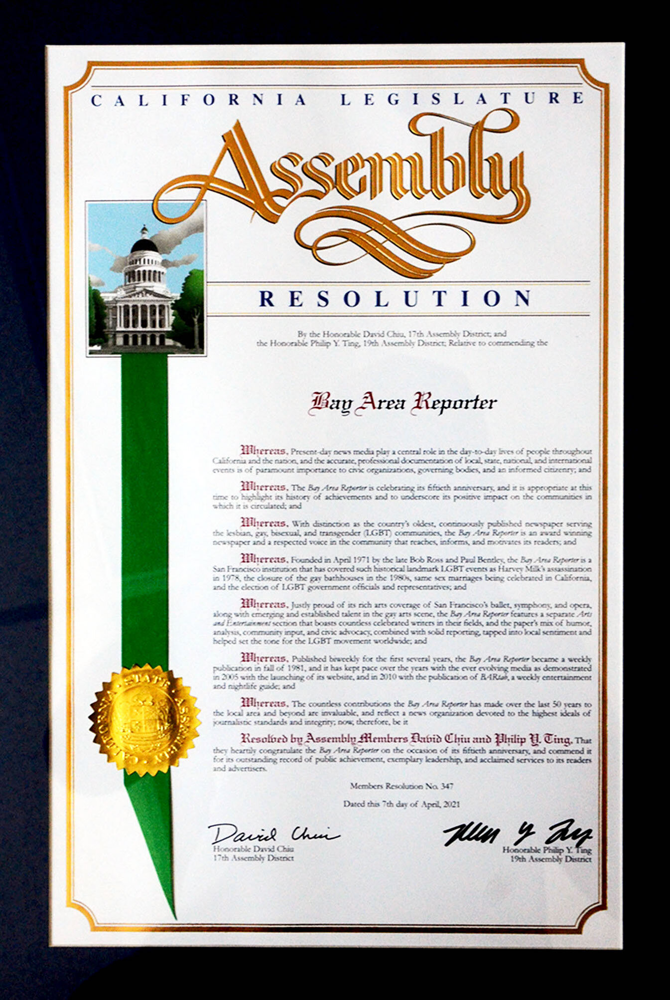  Assembly Resolution from David Chiu and Phil Ting for the B.A.R.’s 50th Anniversary, 2021; courtesy of Rick Gerharter. 