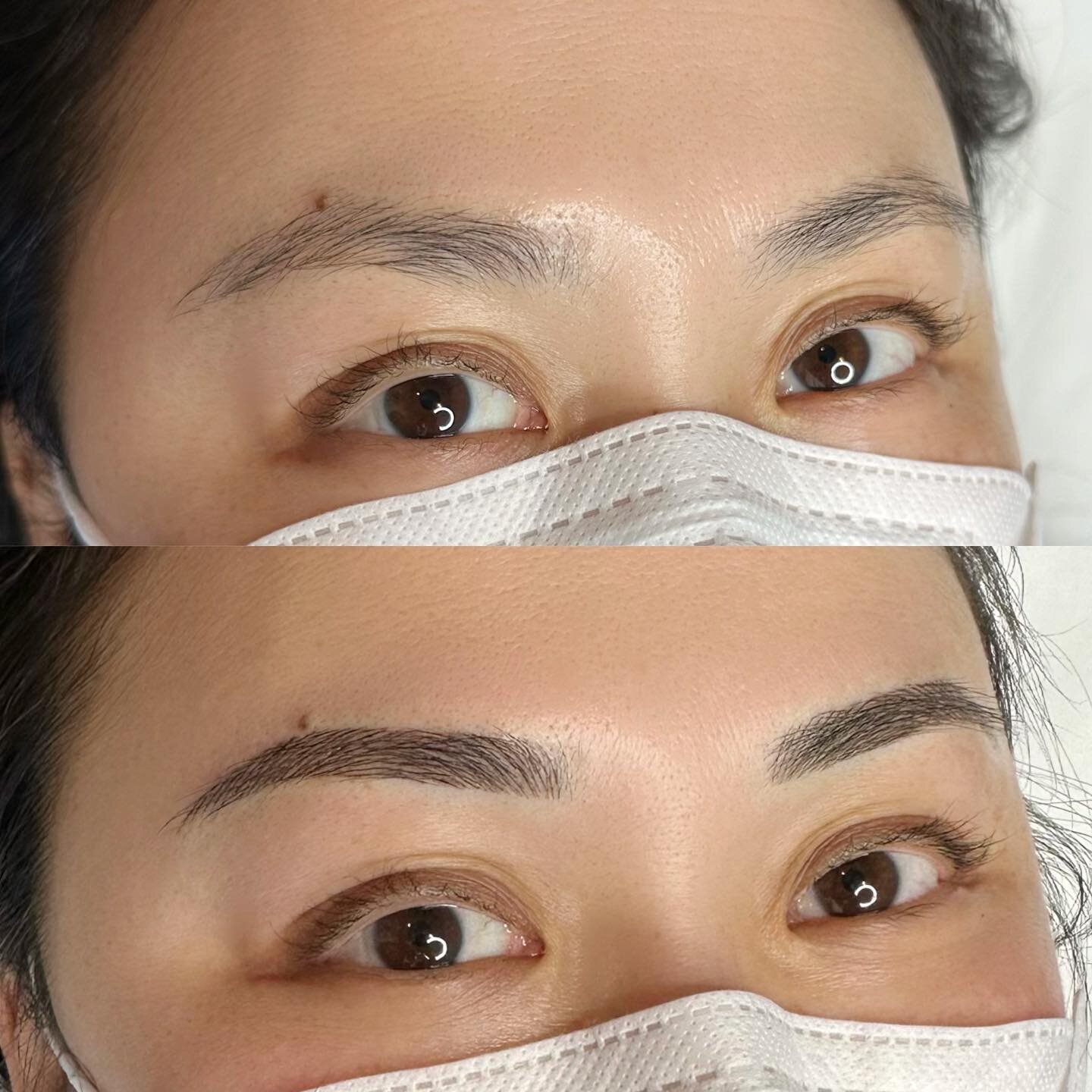 Brows groomed and feathered 🥰 #nanofeathering 
&mdash;
Skin type: Combination
Technique: Nano Feather Brows
Pain level: None
Appointment time: 2 hours
Sessions: 2 required
Healing time: 7-10 days (no scabbing)
Last: 2-3 years (depends on skin type)
