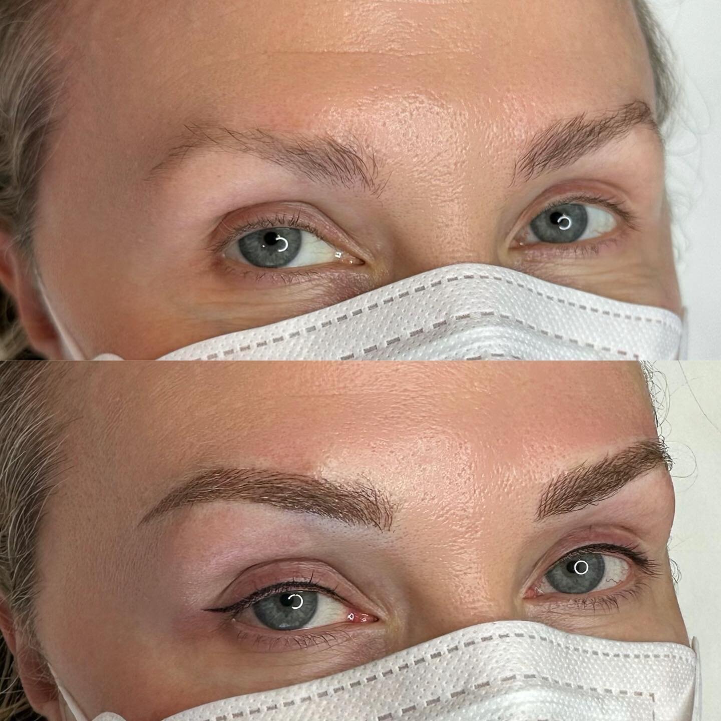 Blonde brows &amp; eyeliner tattoo before and after 🔥
&mdash;
Skin type: Dry
Technique: Nano Feather Brows
Pain level: None
Appointment time: 2 hours
Sessions: 2 required
Healing time: 7-10 days (no scabbing)
Last: 2-3 years (depends on skin type)
&
