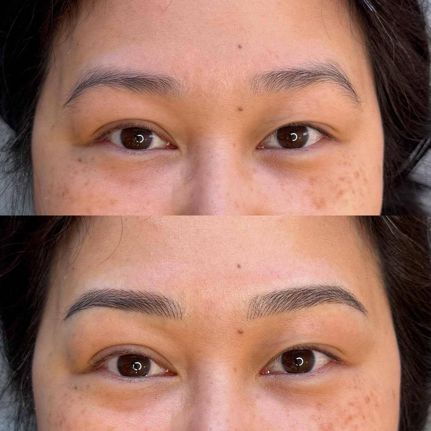 She naturally has a decent amount of brow hairs but the tails were uneven. We did a very natural look to make them look fuller and adjusted the tails to be even. 
&mdash;
Skin type: Dry
Technique: Nano Feather Brows
Pain level: None
Appointment time: