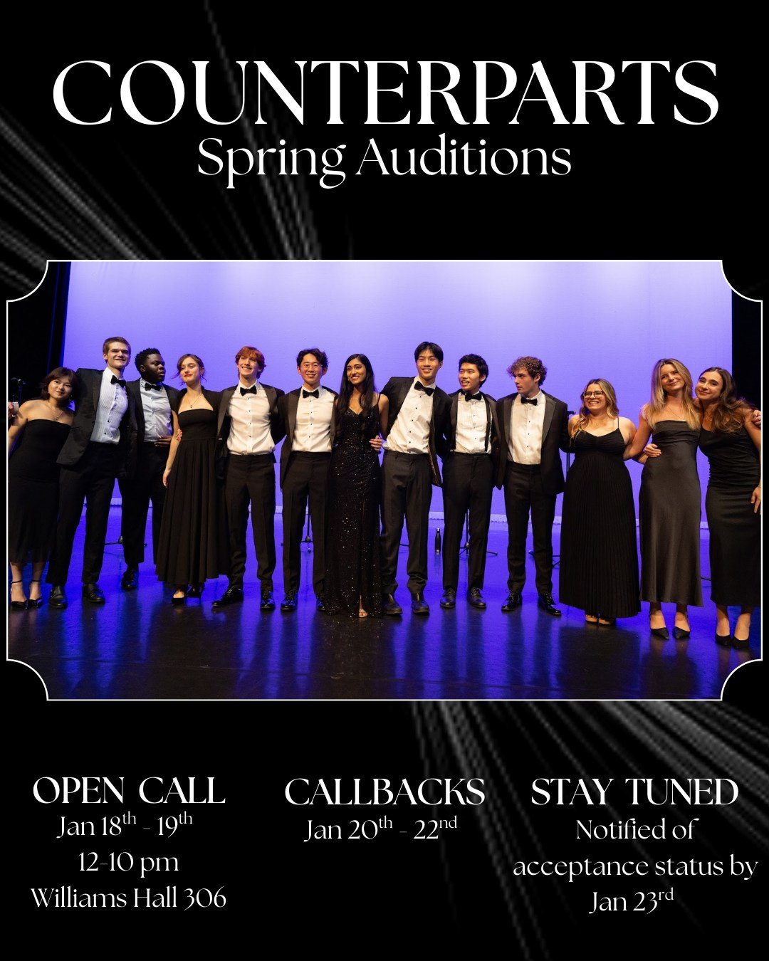 Spring auditions are quickly approaching, so mark these important dates in your calendar! All singers and beatboxers welcome. Stay tuned for more information to come. We can't wait to meet you all🖤🤍