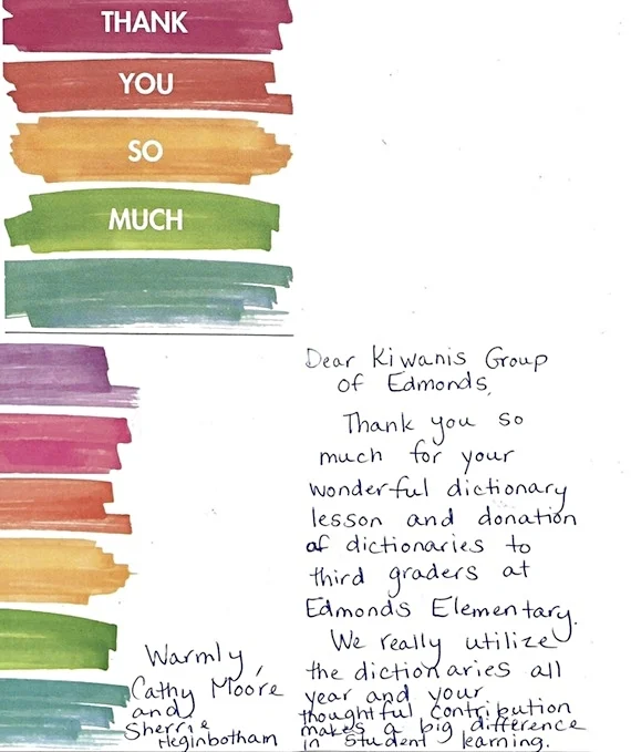 Thank you note from Edmonds Elementary School for Kiwanis dictionary donations.