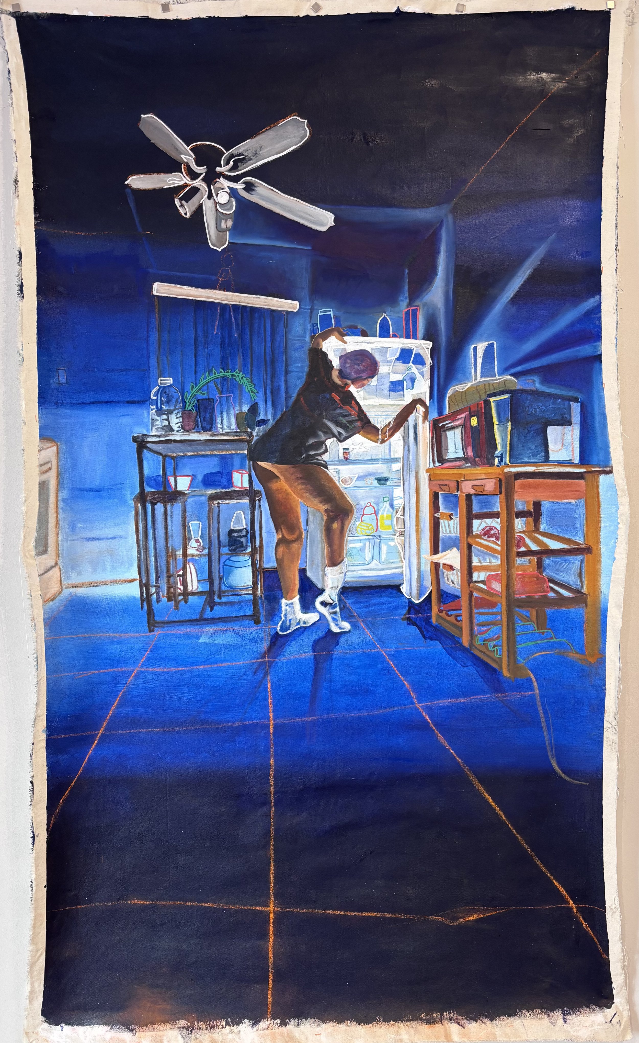 Midnight Snack, oil, acrylic, and pastel on loose canvas, 76x41, 2023