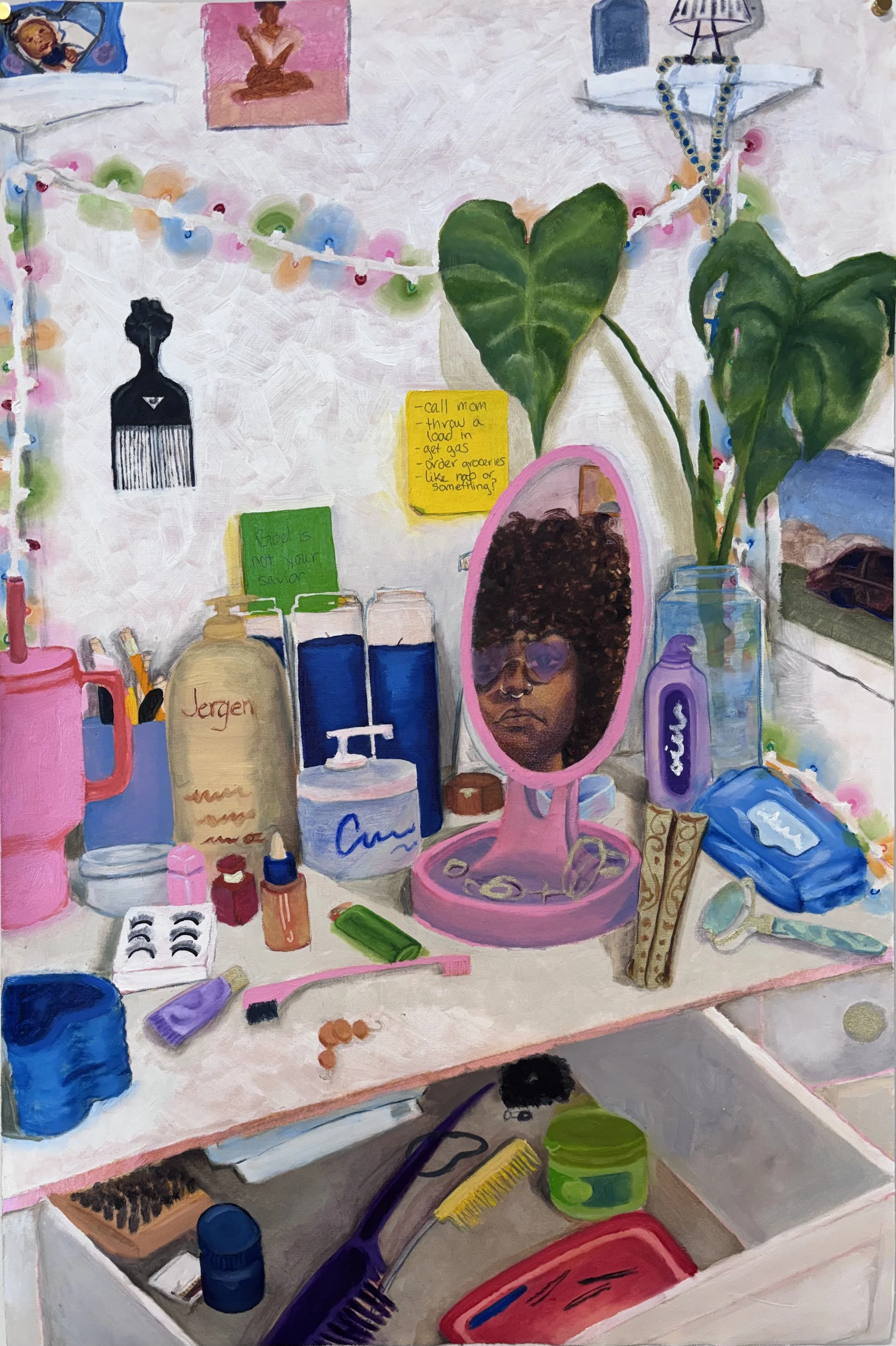 Still Life, oil and acrylic on loose canvas, 32x21, 2025
