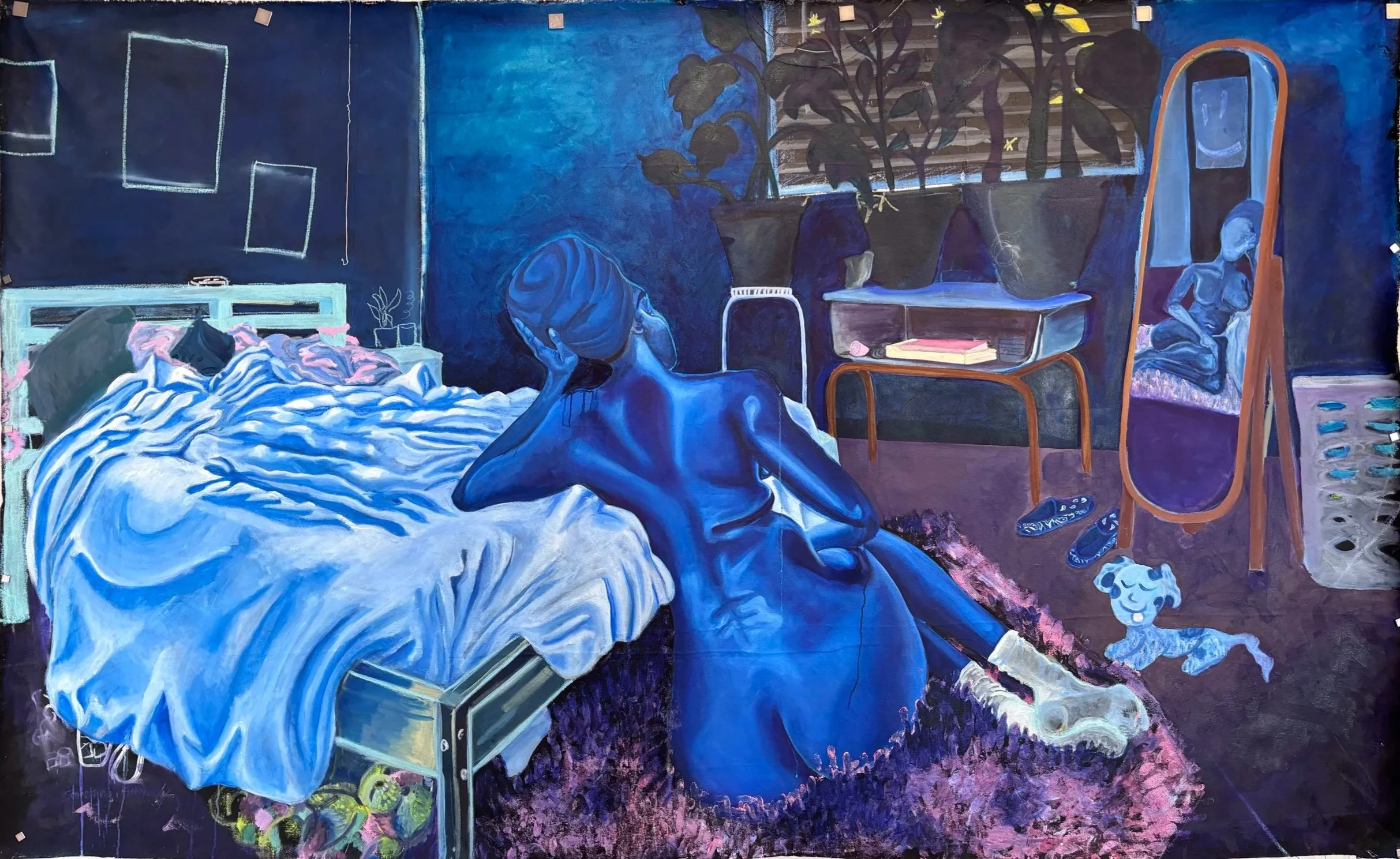 Meeting in My Bedroom, oil, acrylic, and pastel on loose canvas, 58x86, 2020-2023