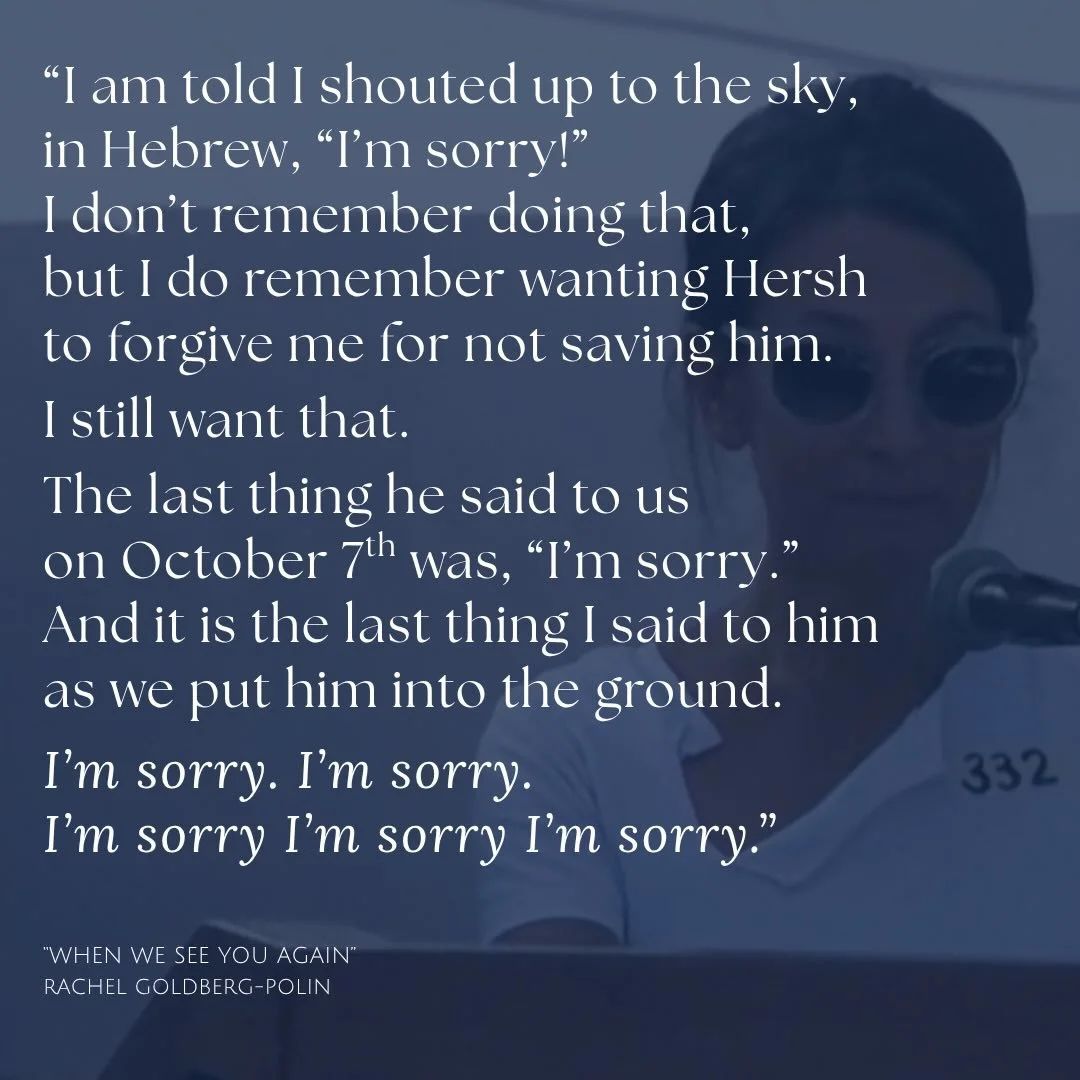 Hersh, we&rsquo;re sorry.
So very sorry. 

Our hearts haven&rsquo;t healed yet, either. 
Grateful for a space to be together with Hersh. With Rachel. With Jon. With you. 

We experienced Hersh z&rdquo;l&rsquo;s story together &mdash; let&rsquo;s expe