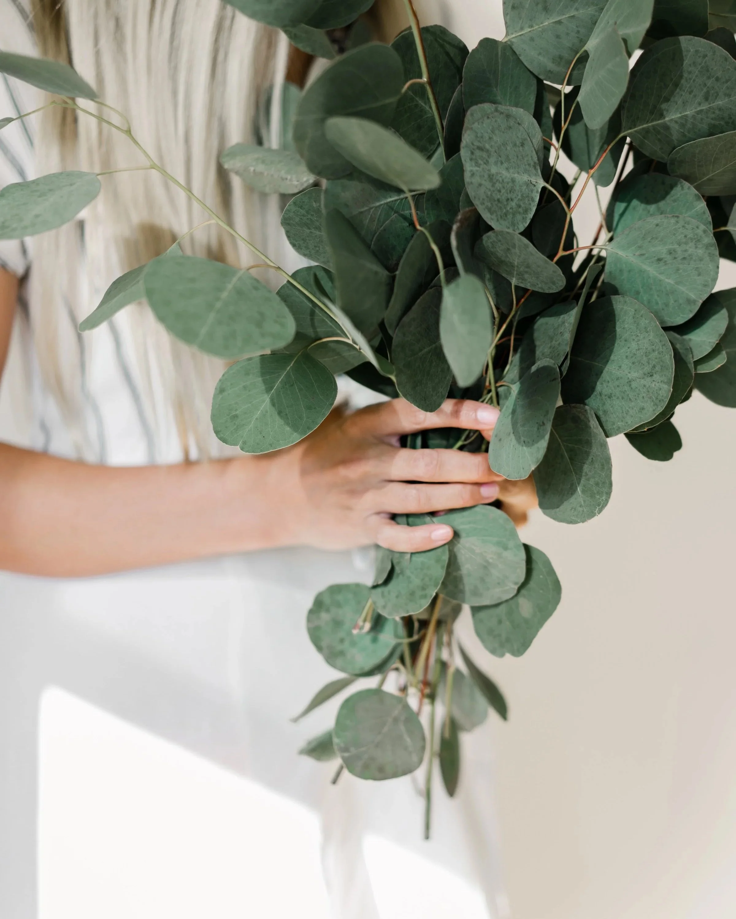 Woman holding a bundle of fresh eucalyptus stems against her clothing
