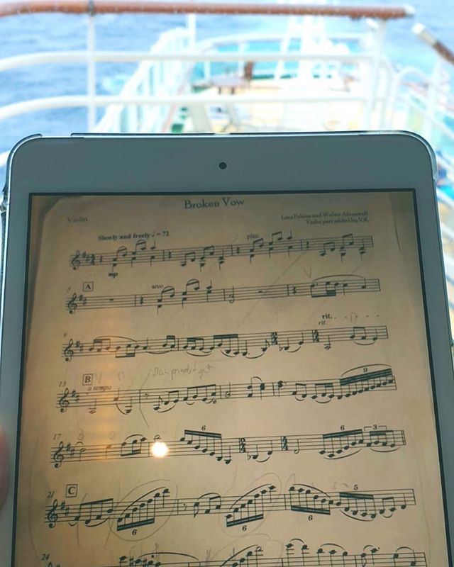 Onboard preparations. Time to look over some music from our show. .
.
.
#dynamicduo #highoctane #violinandvoice #jamesbond #weddingentertainment #enromusic #livemusic #londonmusic #elegance #excellence #luxury #entertainment #cruiseentertainment #corporateentertainment #style
