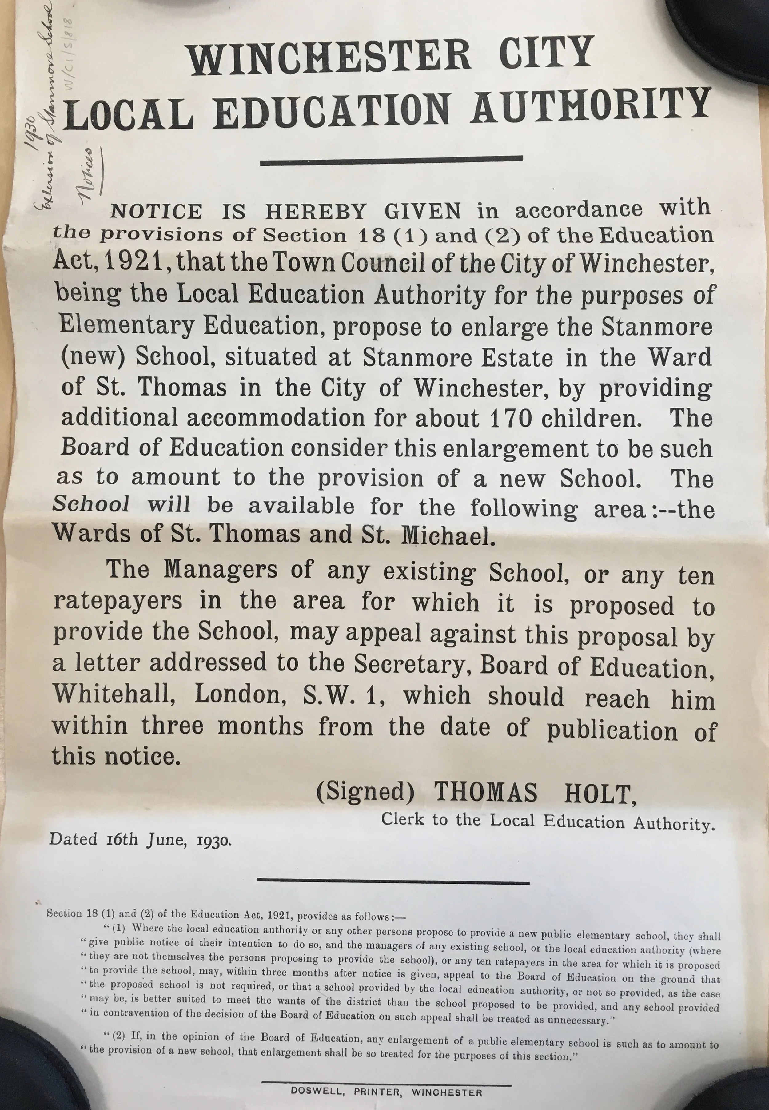 Poster giving notice of the city's proposal to provide additional accommodation for about 170 children, Aug 1930 Courtesy of Hampshire Archives