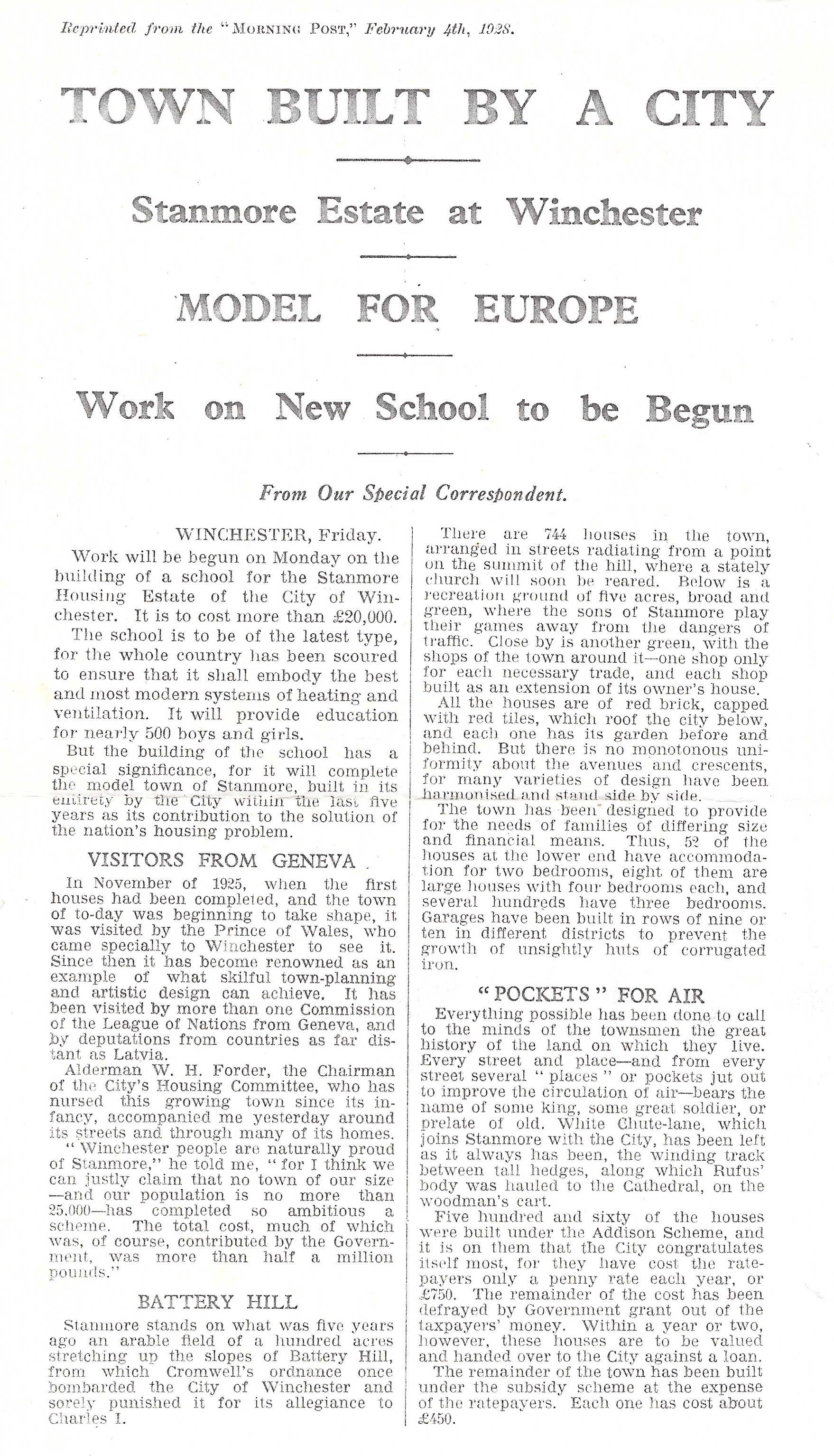 Reprinted from the “MORNING POST” February 4th 1928 TOWN BUILT BY A CITY - Stanmore Estate at Winchester - MODEL FOR EUROPE