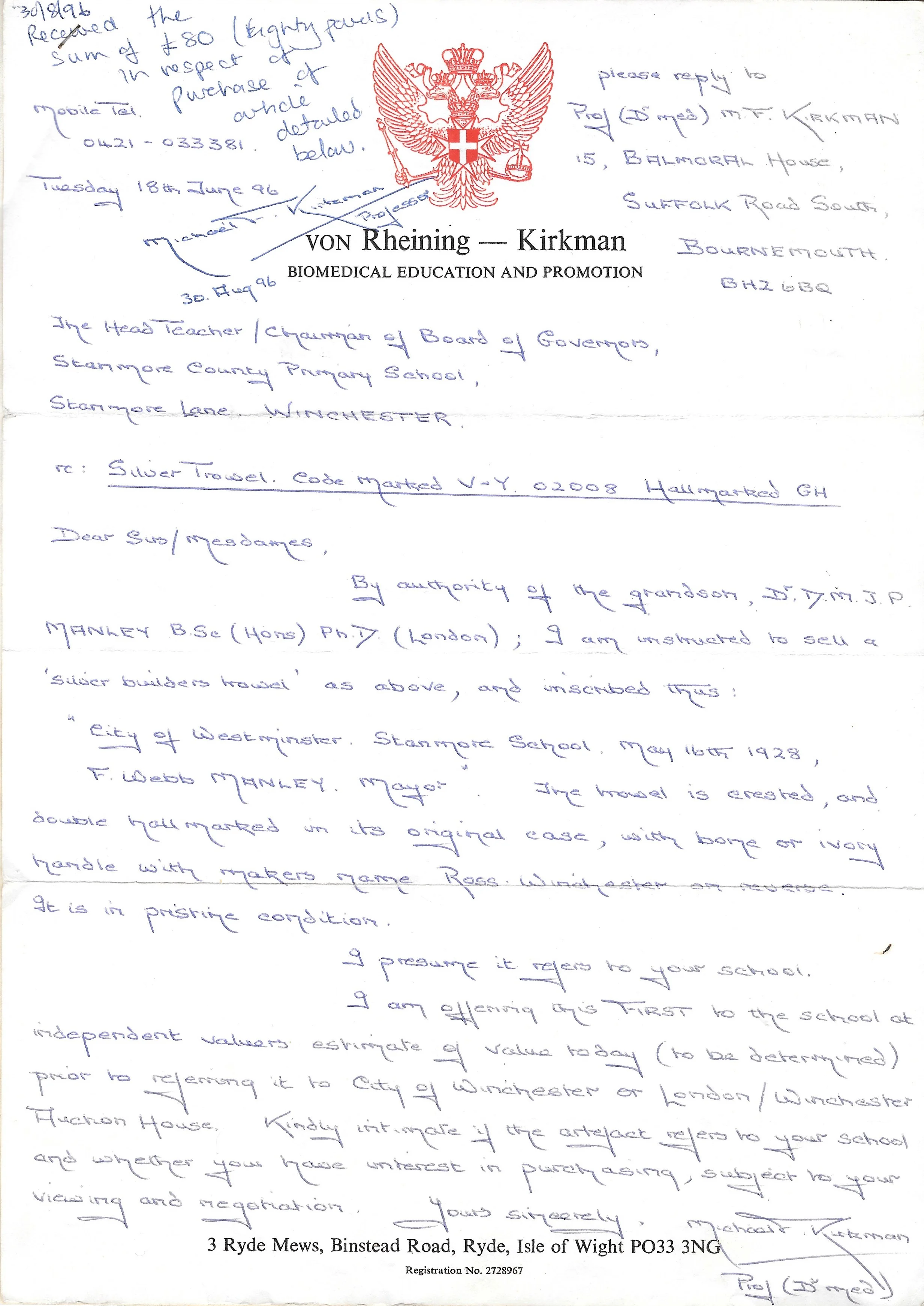 The ceremonial trowel came back into the school’s possession in 1996 after the school received this letter offering to sell it to us.