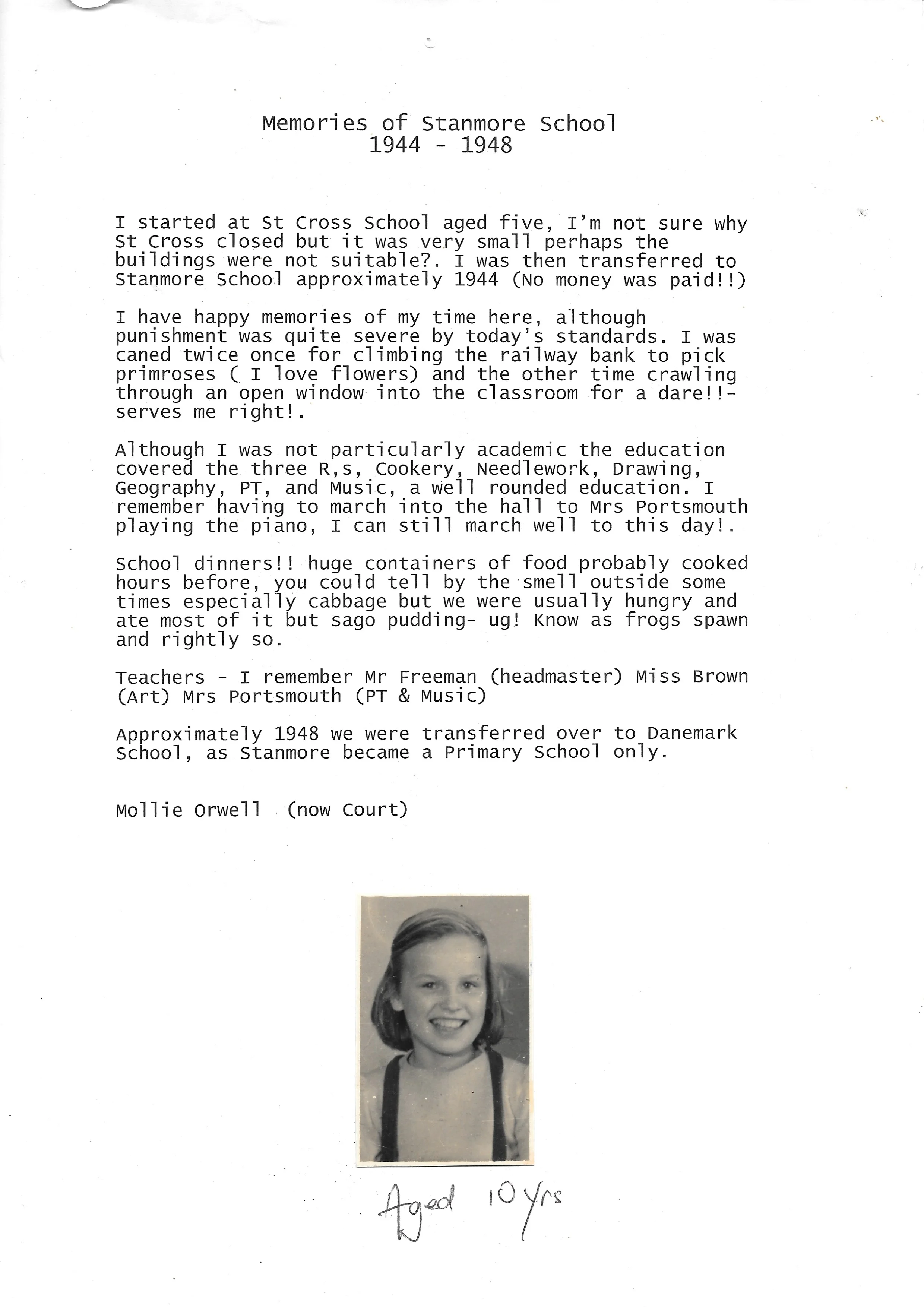 Memories of Stanmore School 1944 - 1948 by Mollie Orwell (now Court)