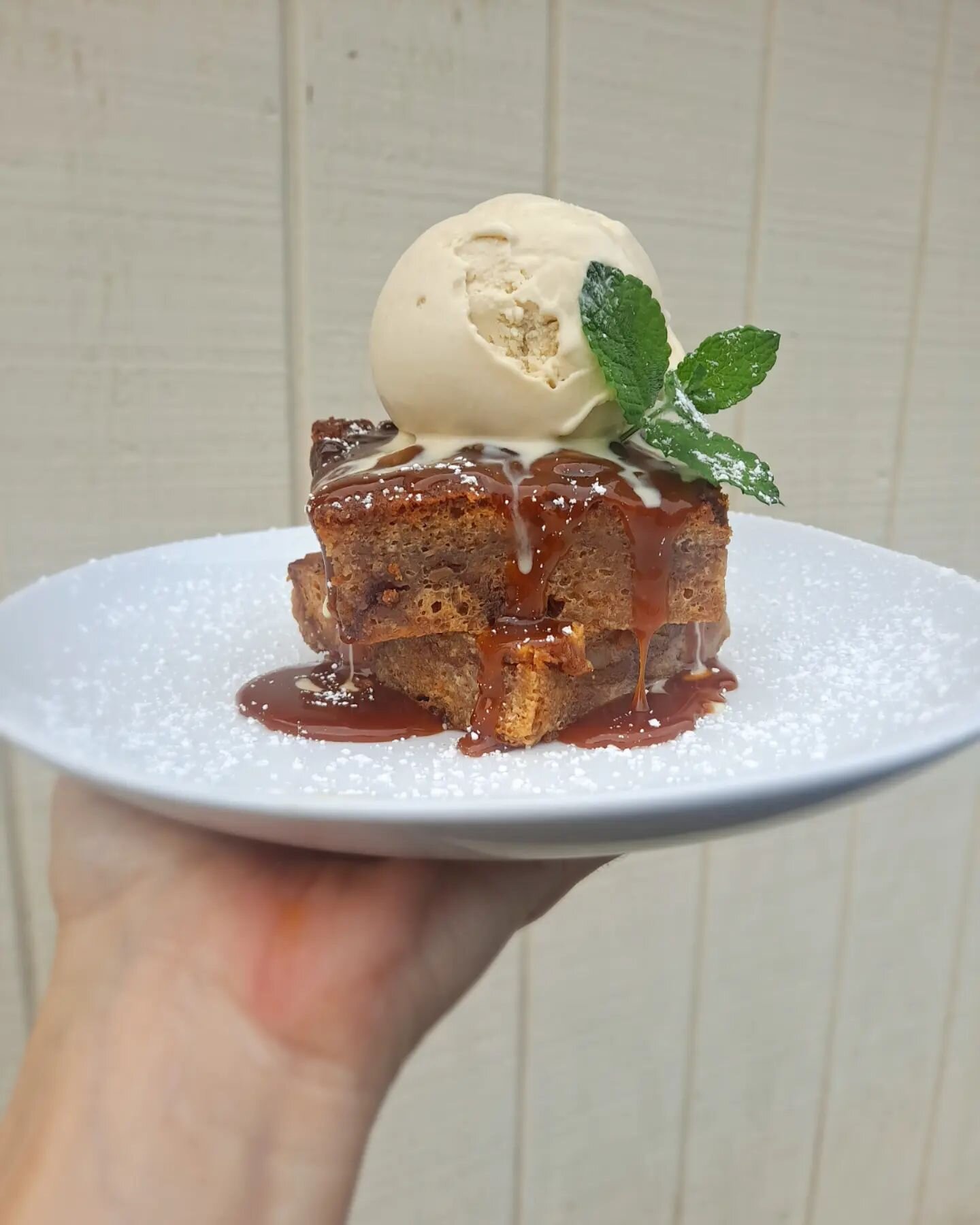 Walnut Sticky Bun Bread Pudding on special this whole dreary week! BP made entirely of our cinnamon buns soaked in a lightly spiced white chocolate custard, served with thick, gooey salted caramel and housemade coffee ice cream. #applestreetkitchen #