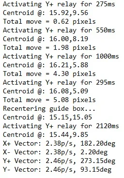 H ere is the final part of the SG-4 calibration log. The most important part is the X+, X-, Y+, andY- movement in pixels and direction .