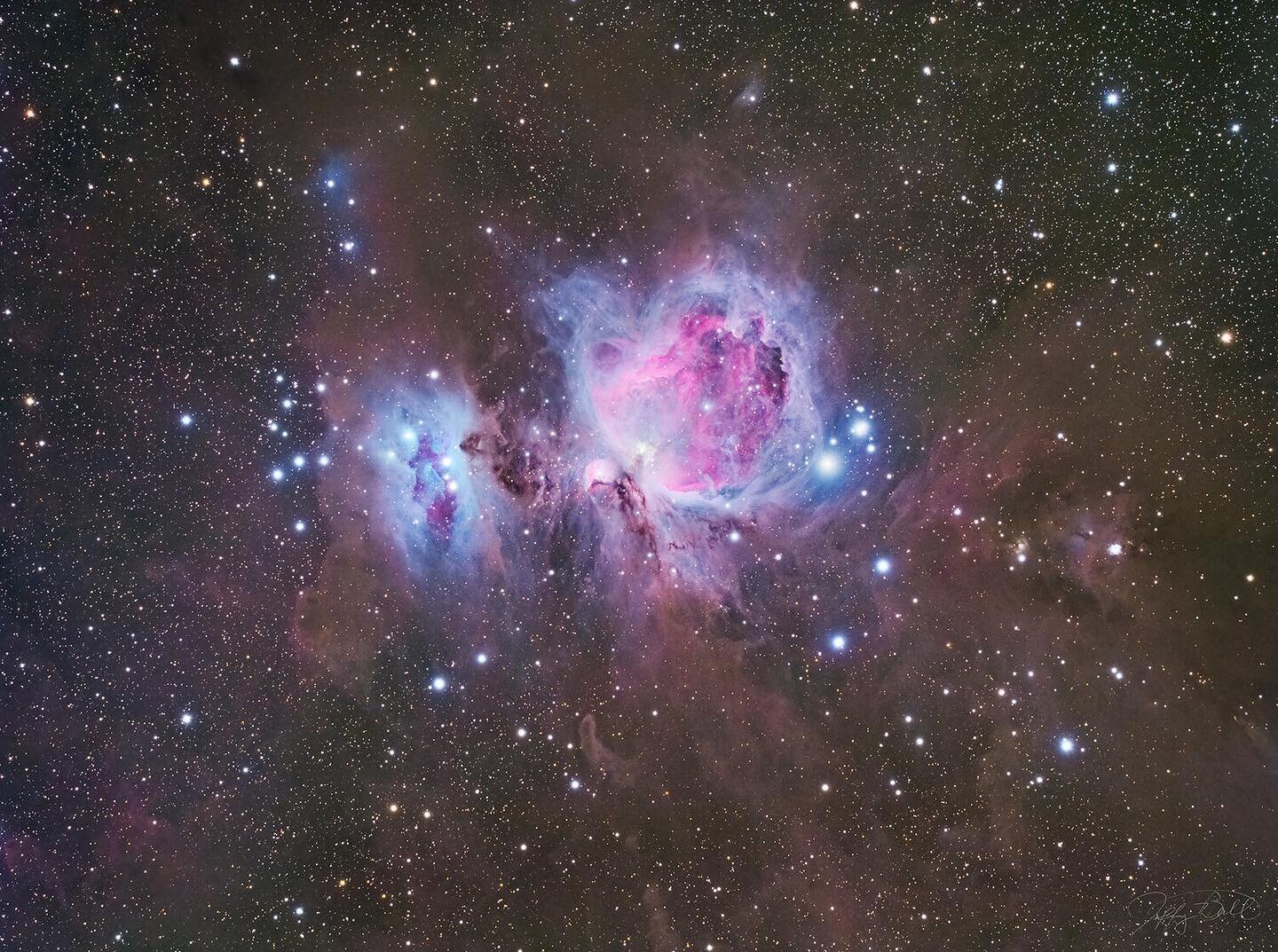 Orion Nebula 2020 from the Pennyrile Stargaze. One of the highlights of our local Milky Way. I seem to interpret the data differently each year. This data was acquired with a modified Canon Ra on an Astro-Physics 92mm refractor. About 2 hours of tota