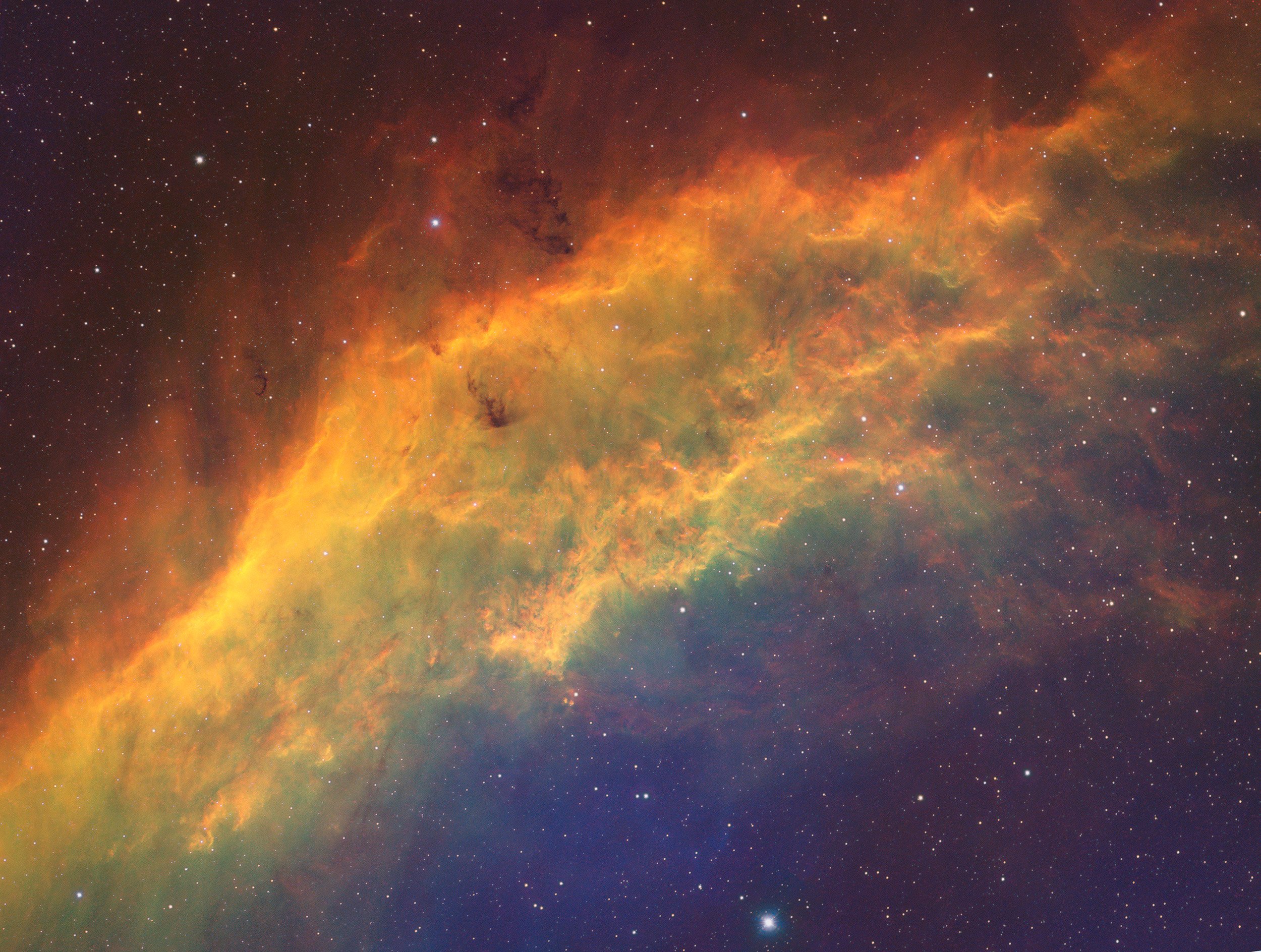 California Nebula NGC 1499 in Sulfur II, Hydrogen alpha, and Oxygen III palette