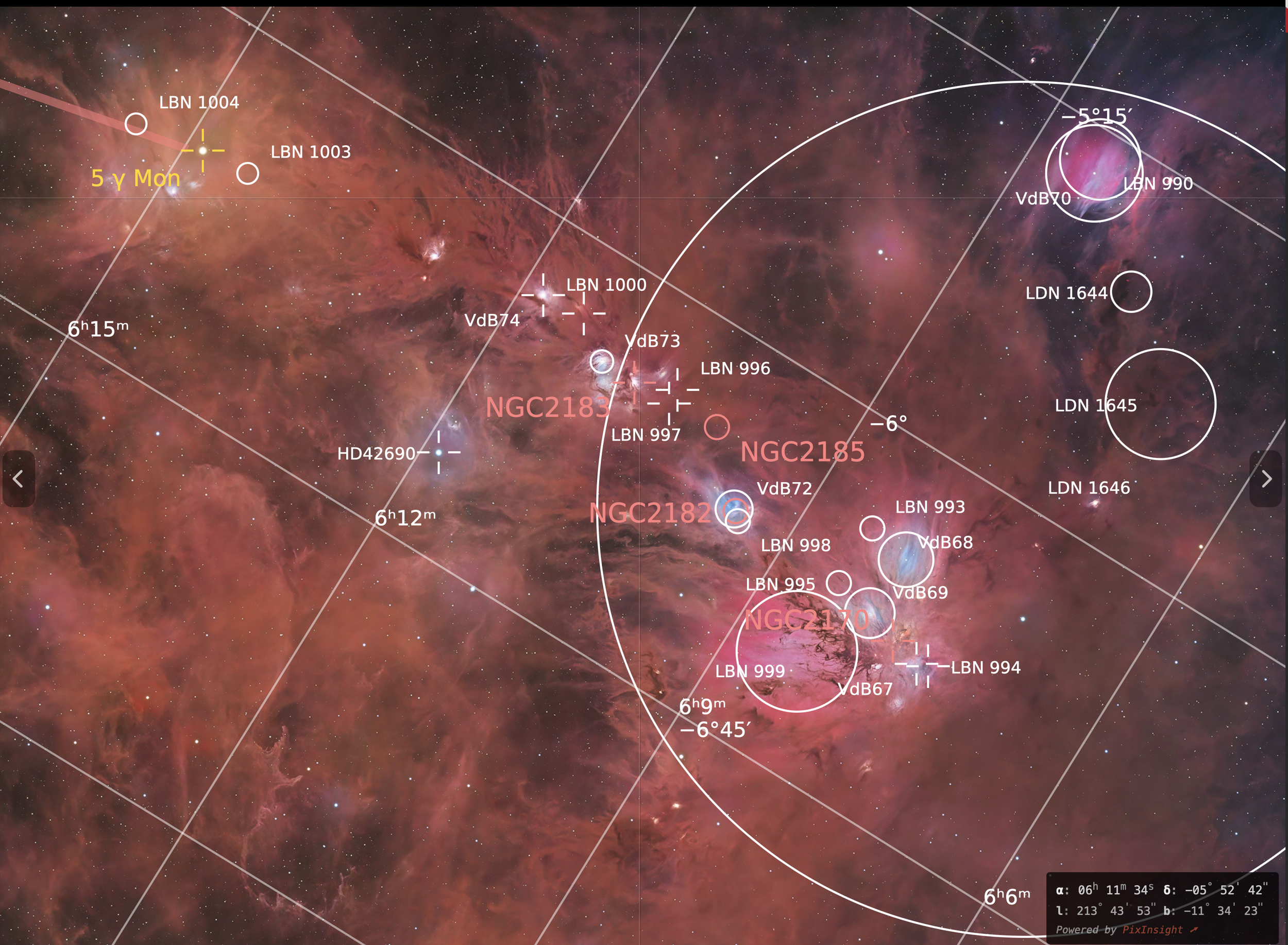Annotated plate solved image of the Monoceros Molecular Cloud M2