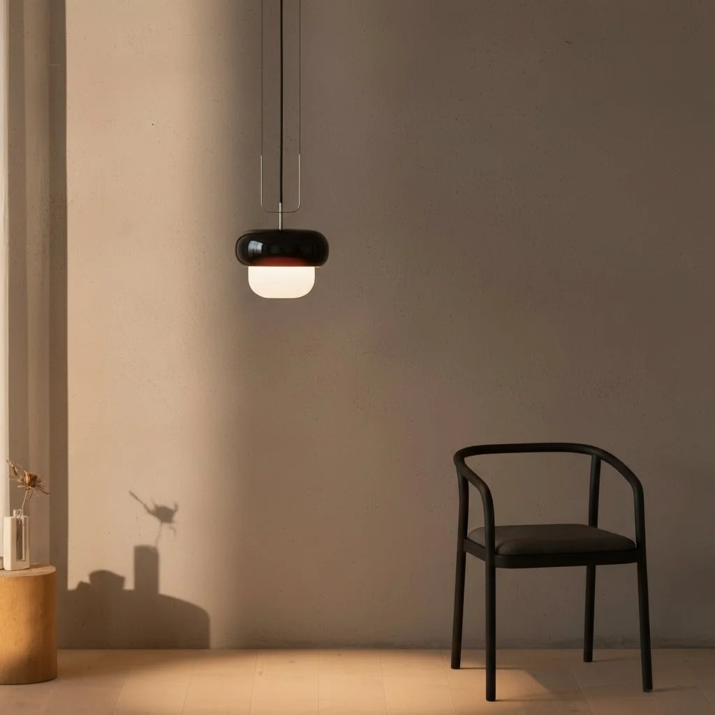  The pendant is composed of two contrasting volumes. The upper body, finished in a deep, cherry-like tone, forms a sleek, polished shell that appears dense and grounded. Beneath it, a softly diffused glass element emits a warm, ambient light, suggest