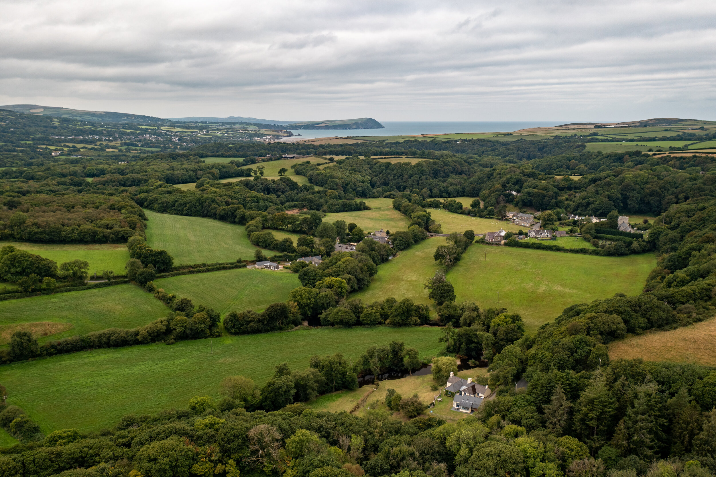 Aerial view from Penwaun (in the foreground) looking down the Nevern Valley towards Newport Bay