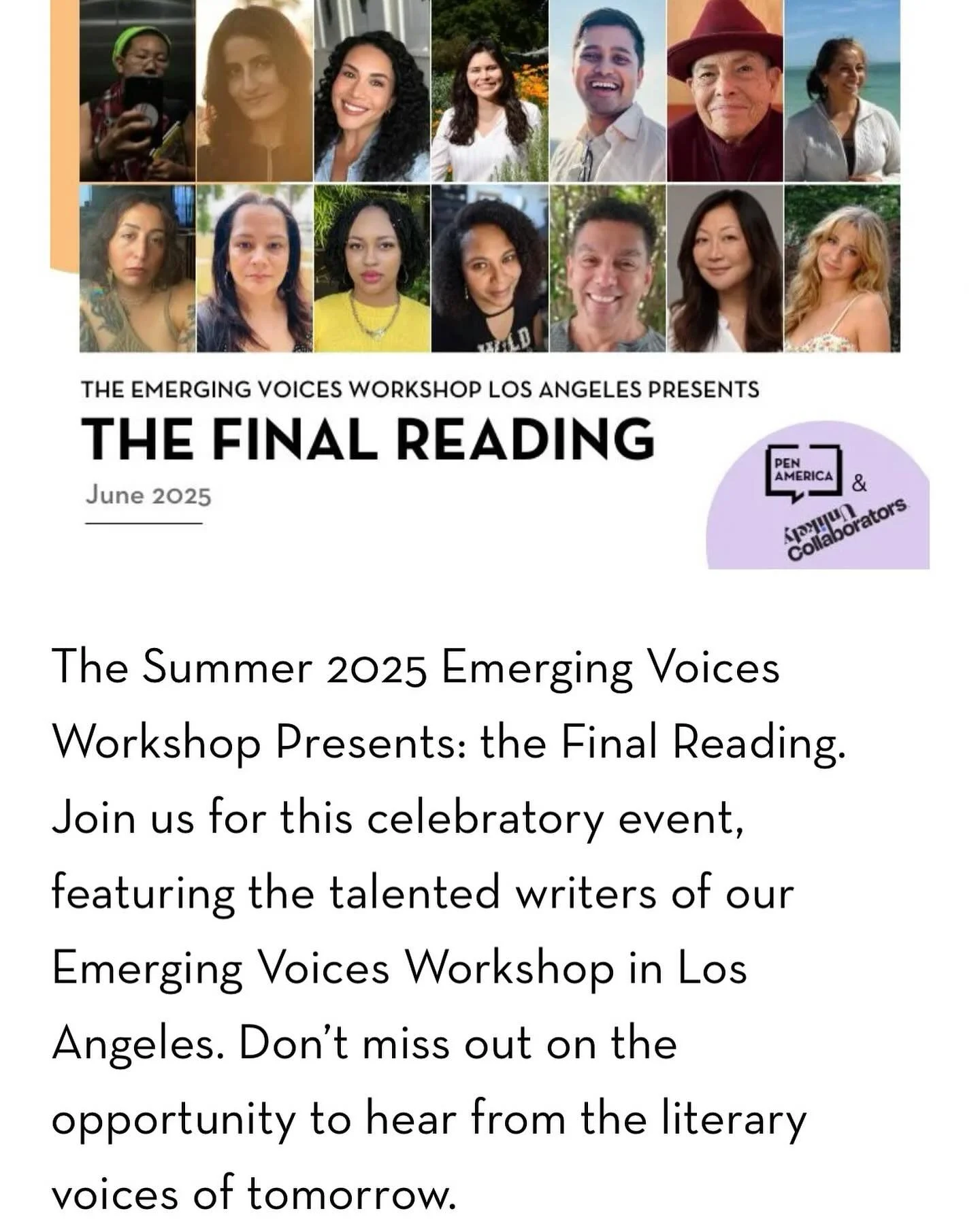 Los Angeles!! 🌴 so excited to be reading ~new~ gay content in my hometown with @penamerica in the Emerging Voices Workshop in Poetry cohort, taught by @fancifulnance 
free 🎟️ at link in bio. june 13 @4pm PST. see u thereee
