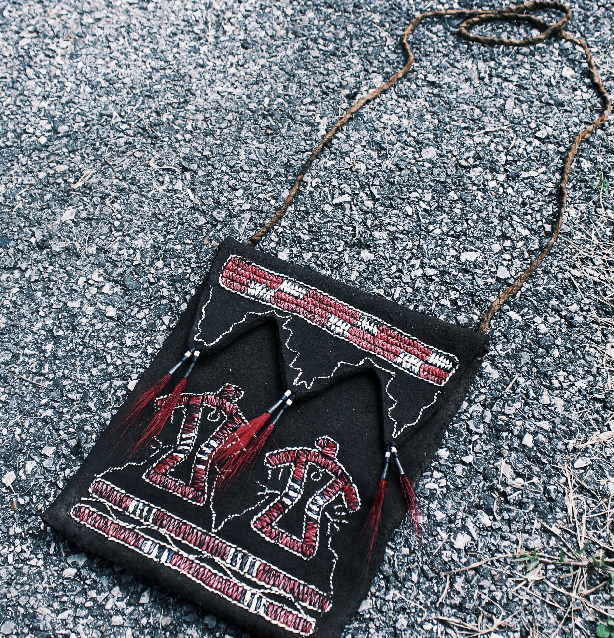  Made from extra thick smoked brain tan moose, naturally dyed quills and dyed with black walnut. SOLD 