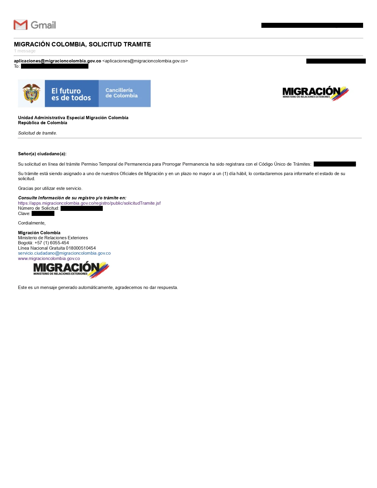 email from migración colombia acknowledging that they received your request for a ptp