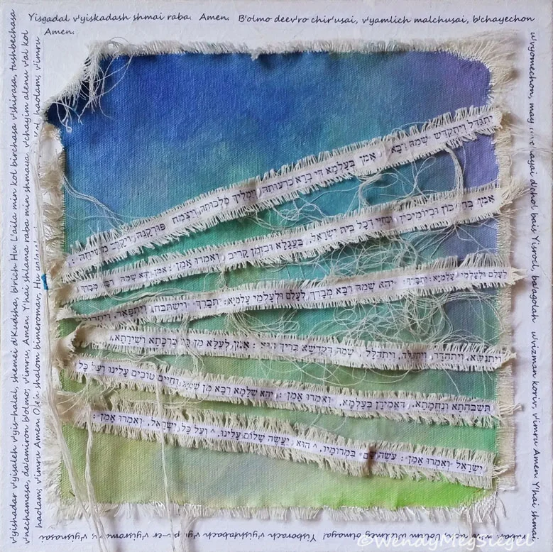 "Kaddish 1" 12" x 12" acrylic, paper, string, and cloth on canvas.