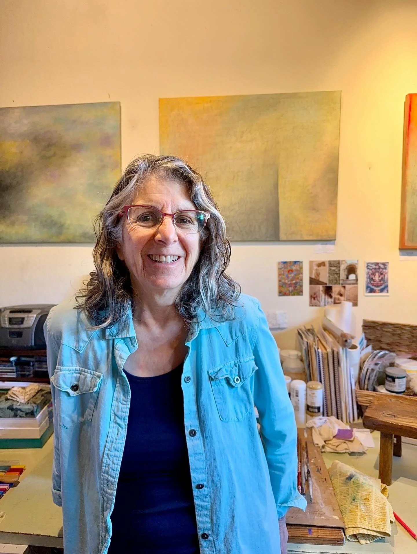 DAY 10: ARTIST SELFIE - for #21daysinmyartworld26 with @taraleaver . Hi!! This is me in the studio. I have had a love  affair with painting for many decades and I also love to write. The paintings behind me are not my typical work. I have a passion f