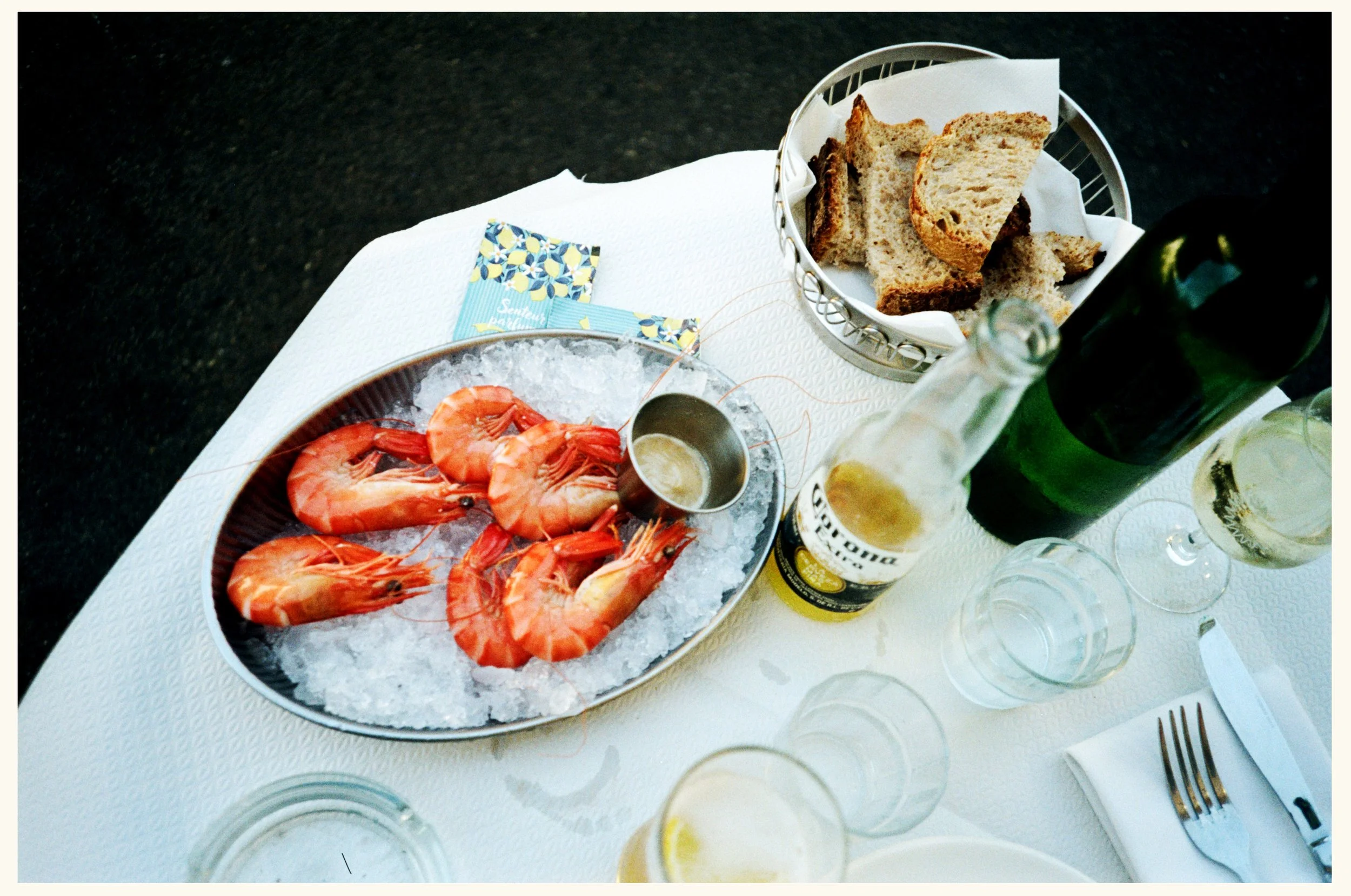 Food photography of Fresh prawns and Bread with olive oil in the south of France 