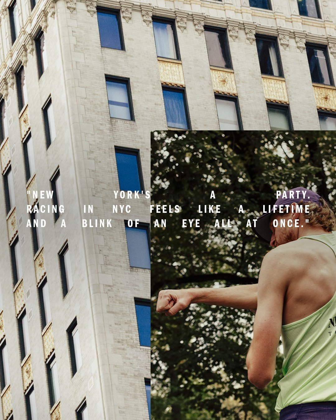A tall city building with multiple windows and decorative architectural details, overlaid with a semi-transparent photo of an elderly man in a green tank top and cap, performing a punch. White text on the overlay describes NYC's racing scene as a lif